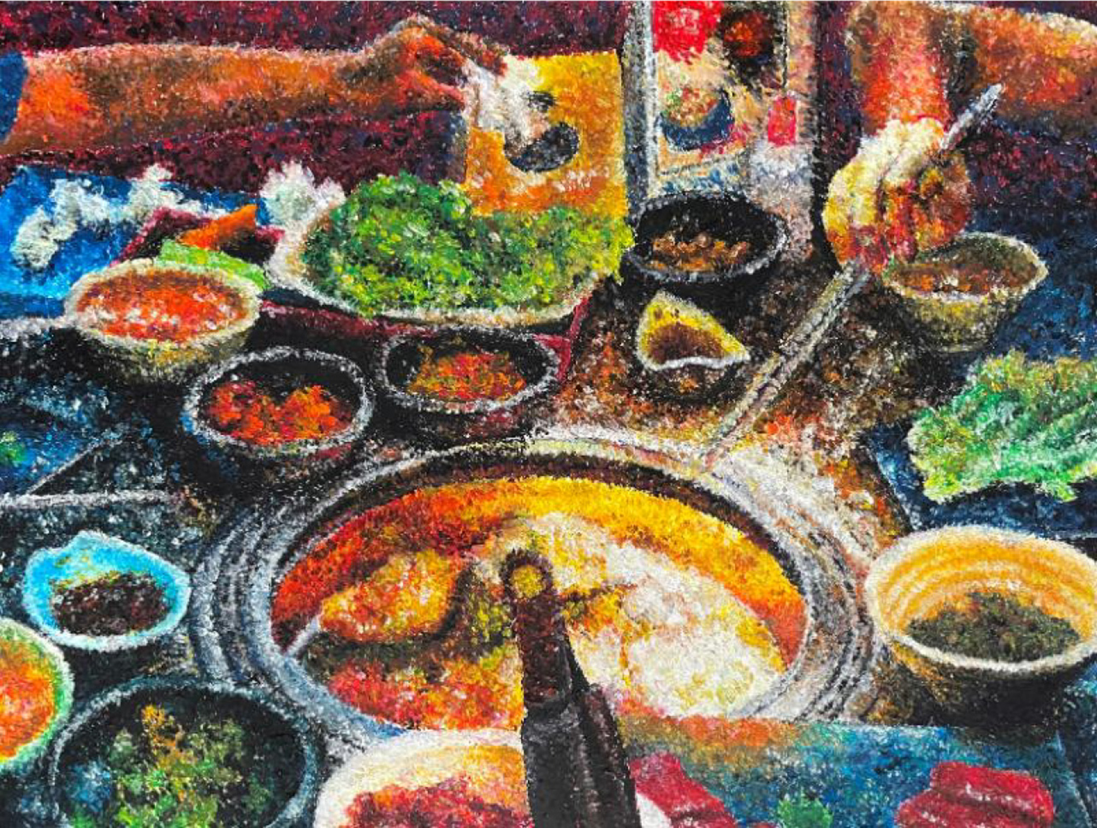 Illustration of a table covered in dishes of food