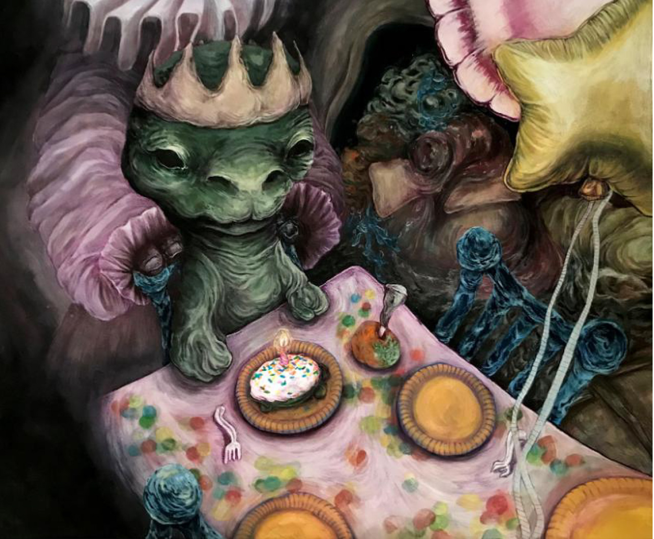 Illustration of a grotesque birthday part with a green creature in a crown looking at a cupcake with a candle burning on top of it
