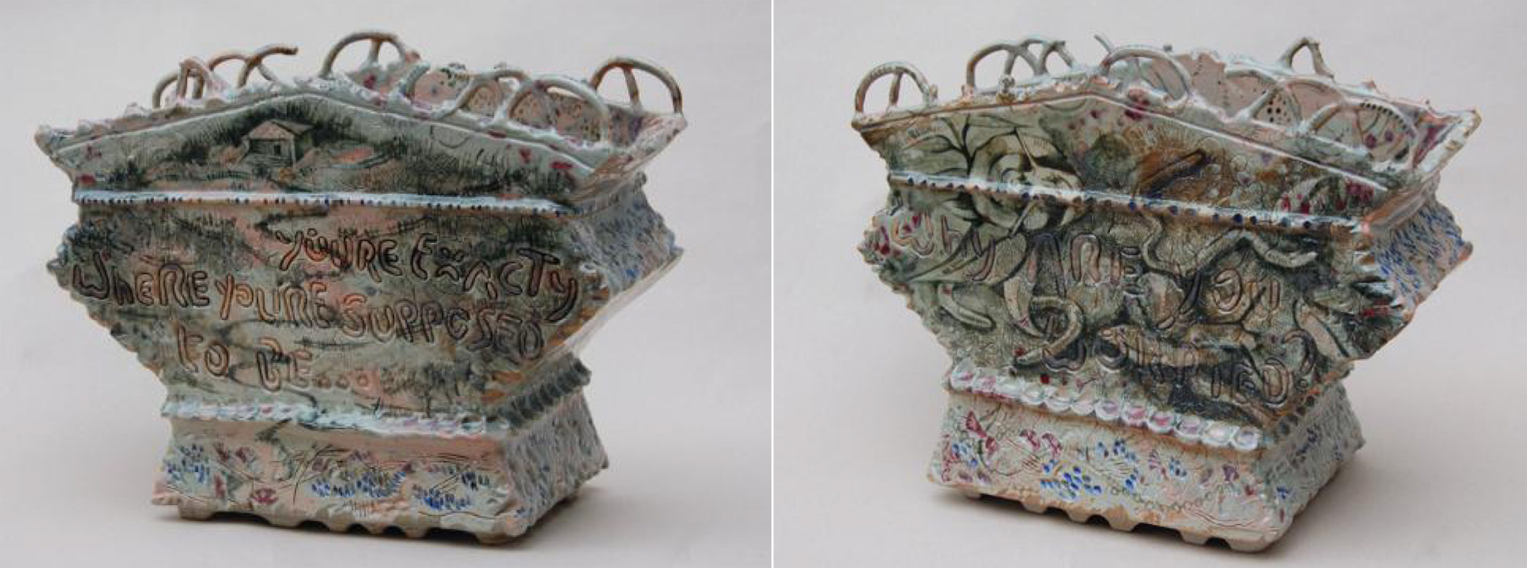 Two views, side by side, of an angular sculpture in green-gray glaze