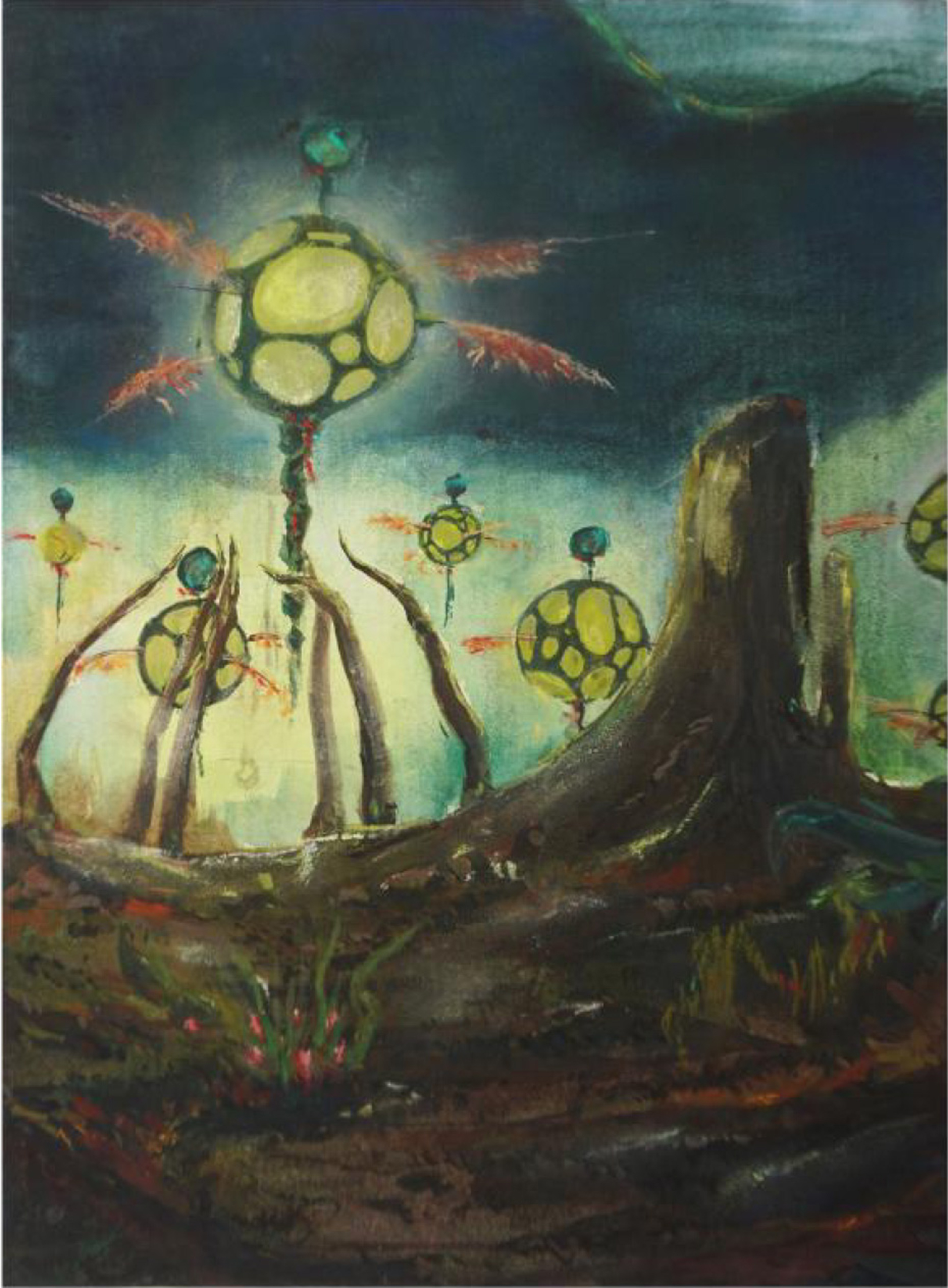 Illustration of a sci-fi-like scene of yellow orbs on monopods glowing in a barren landscape