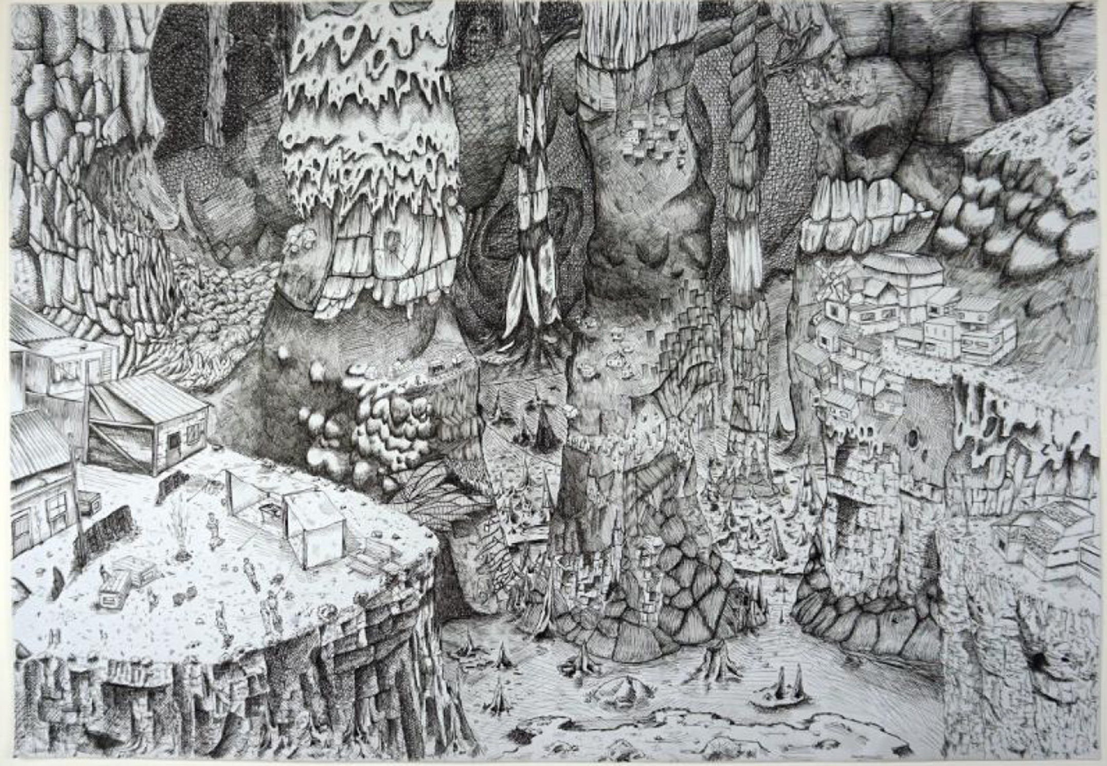 Black and white illustration of creatures in a woodland-like environment