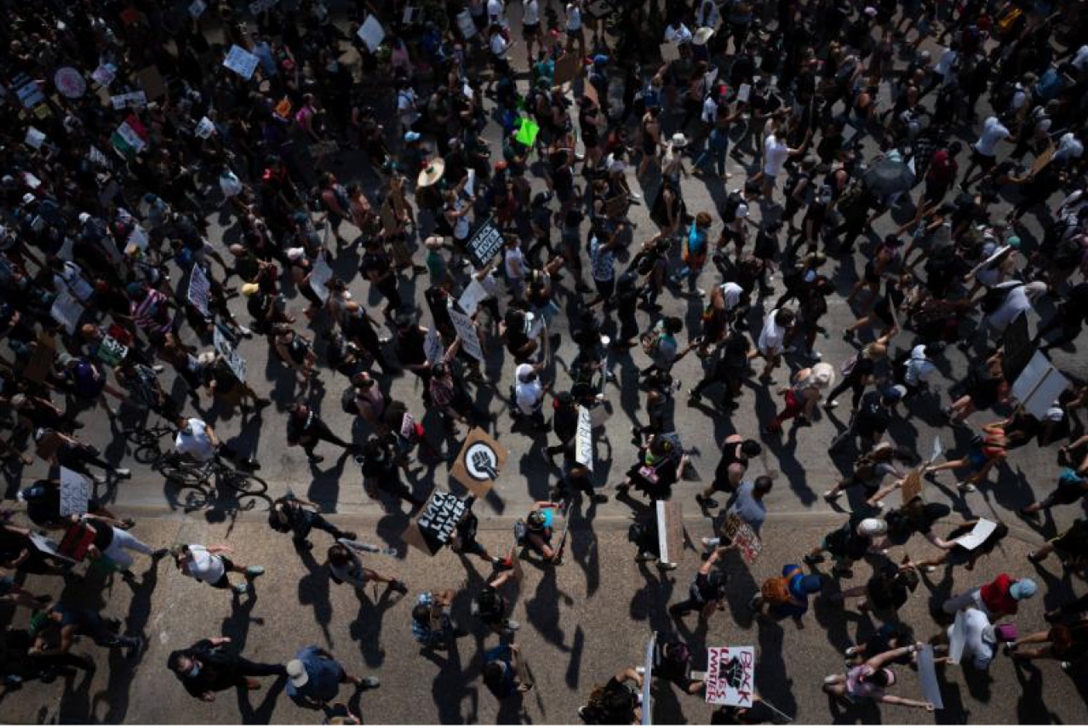 Color photograph of a crowd of protesters seen from above