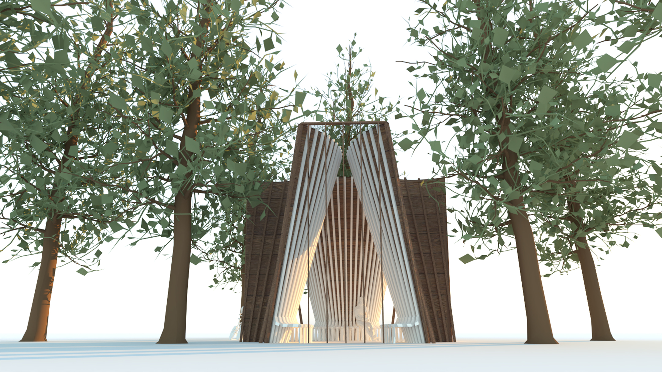 Digital architectural rendering of a triangular building surrounded by trees