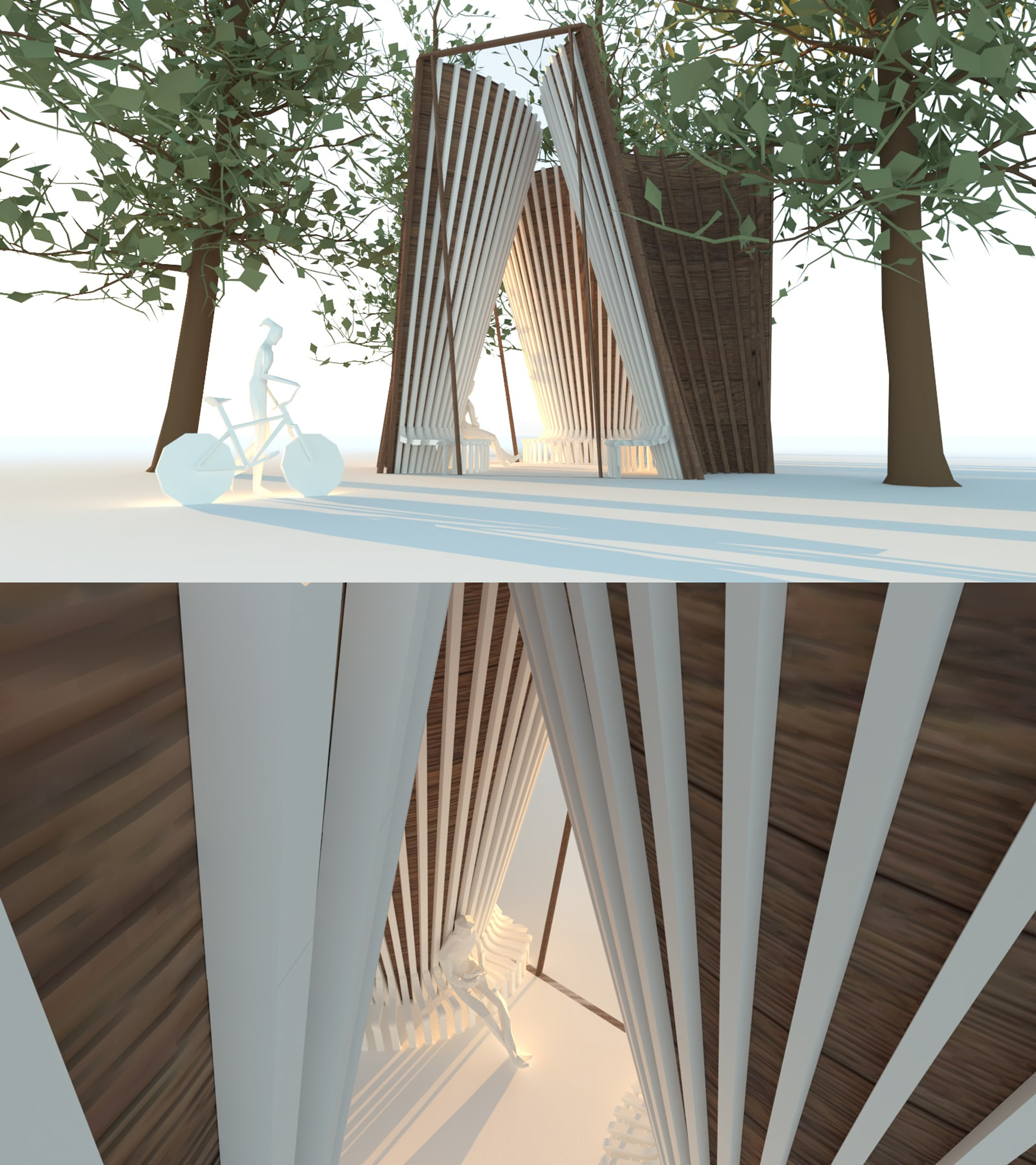 Two alternate digital architectural renderings of the same triangular building