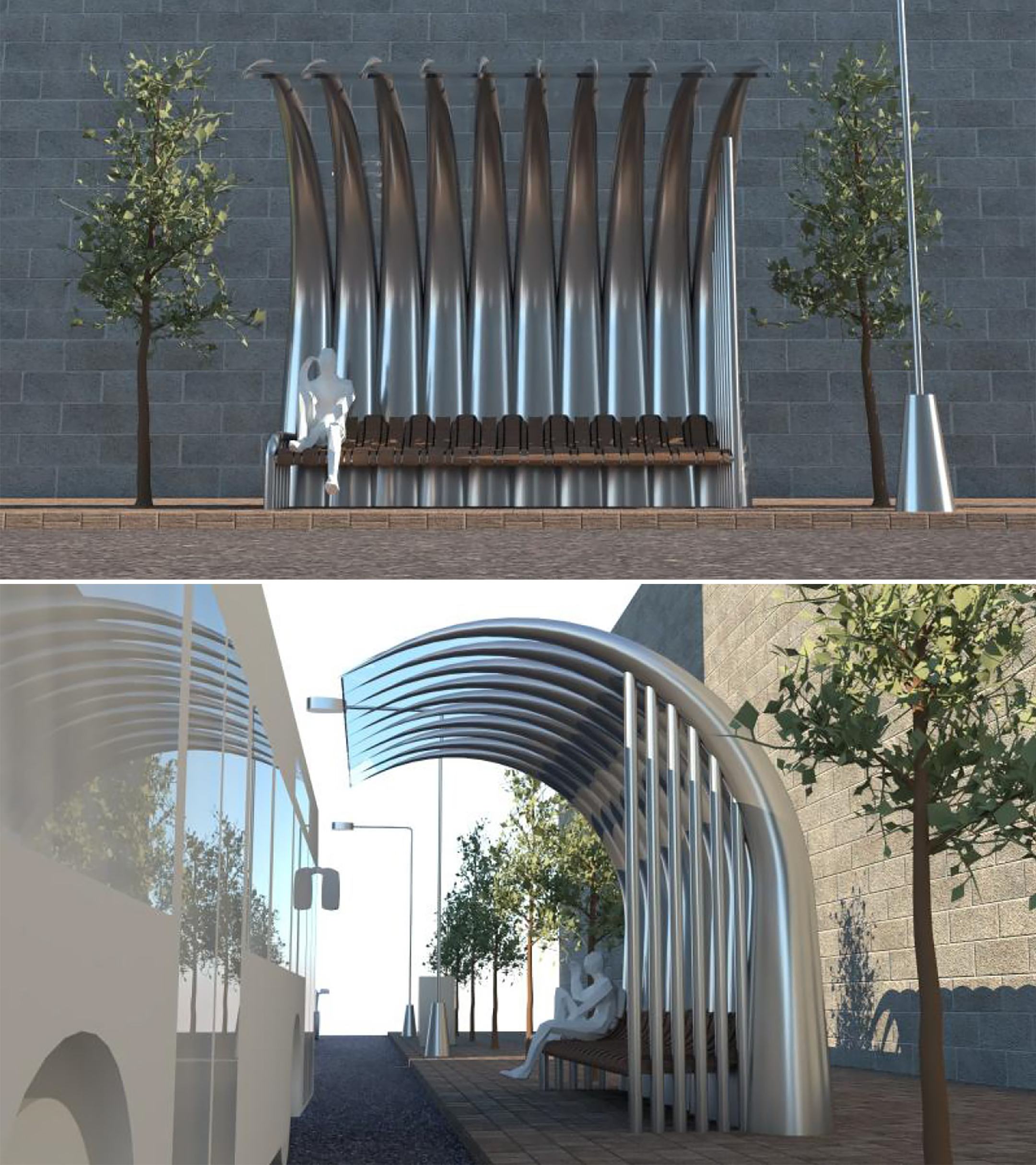 Two digital architectural renderings, one top of another, of a rib cage-shaped us stop
