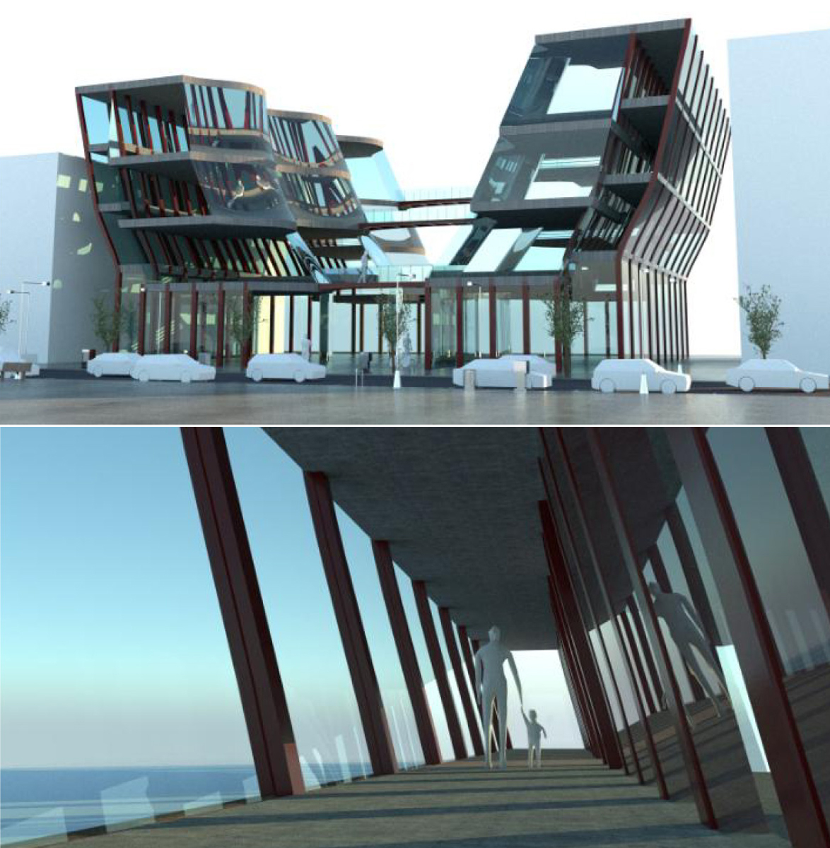 Two digital architectural renderings, one top of another, of a glassy, airy building
