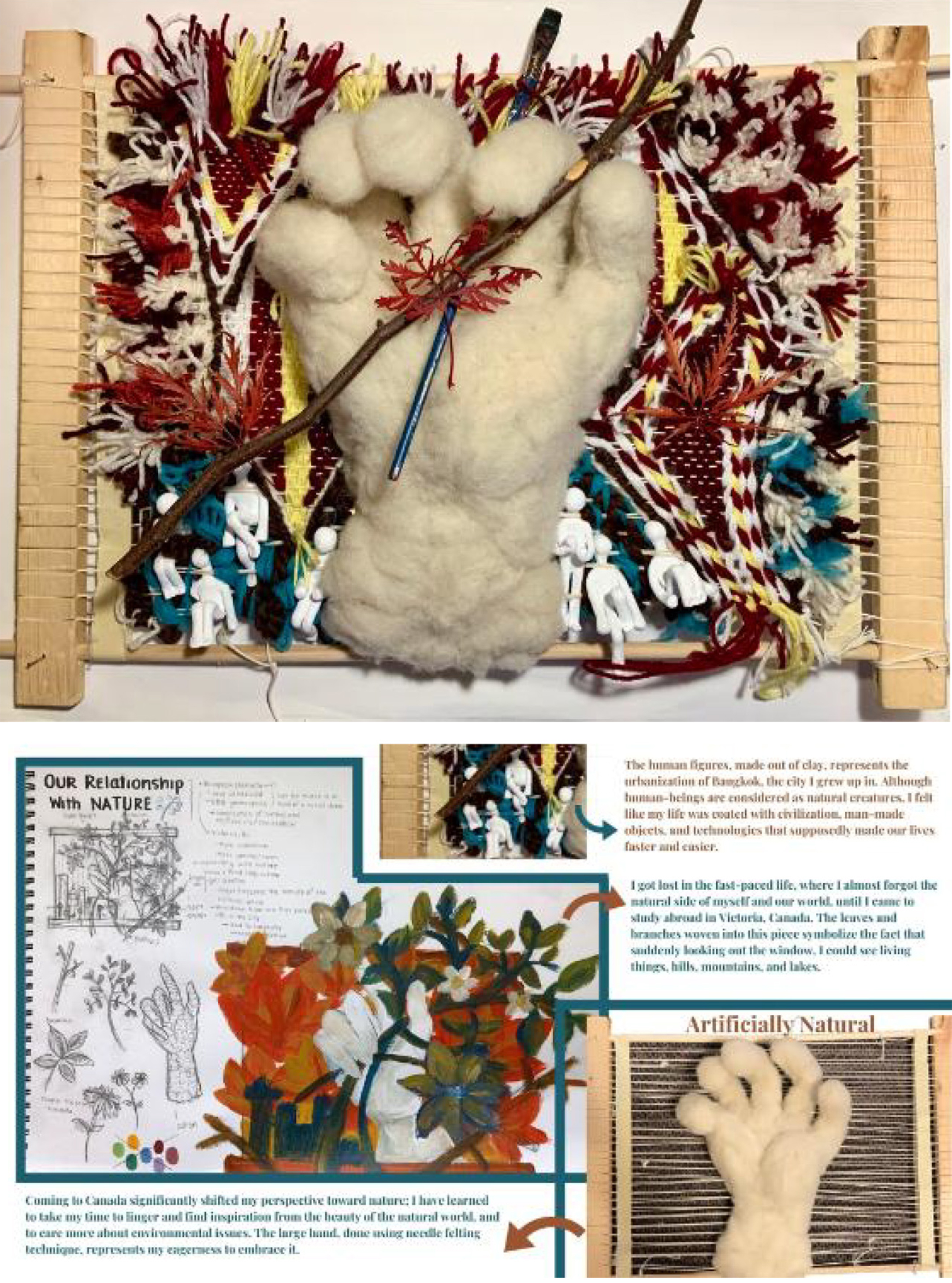 Photo and an illustration of a hand made out of yarn and surrounded by flower-like objects