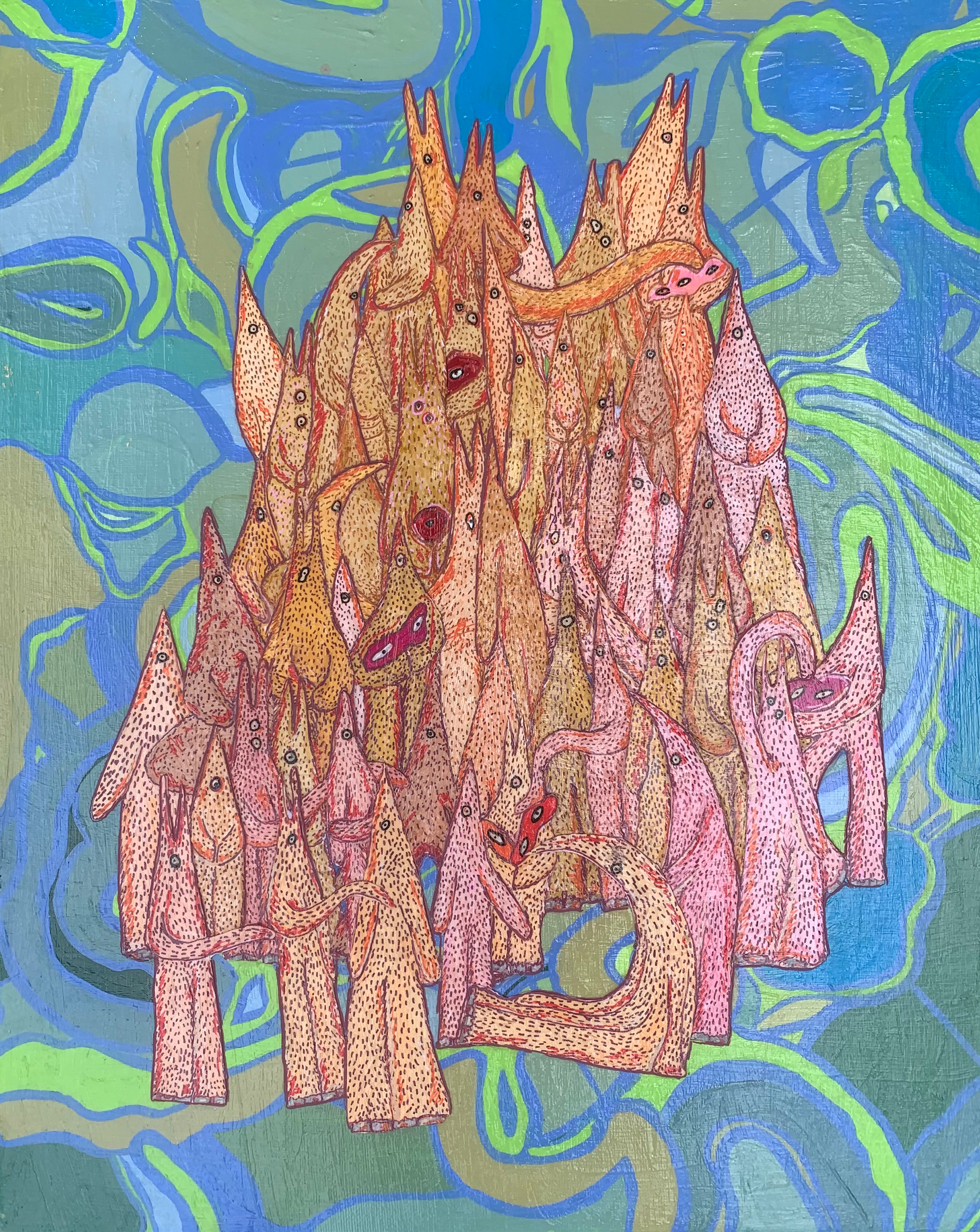 Painting of angular aliens in peach and pink against an abstract blue and green background