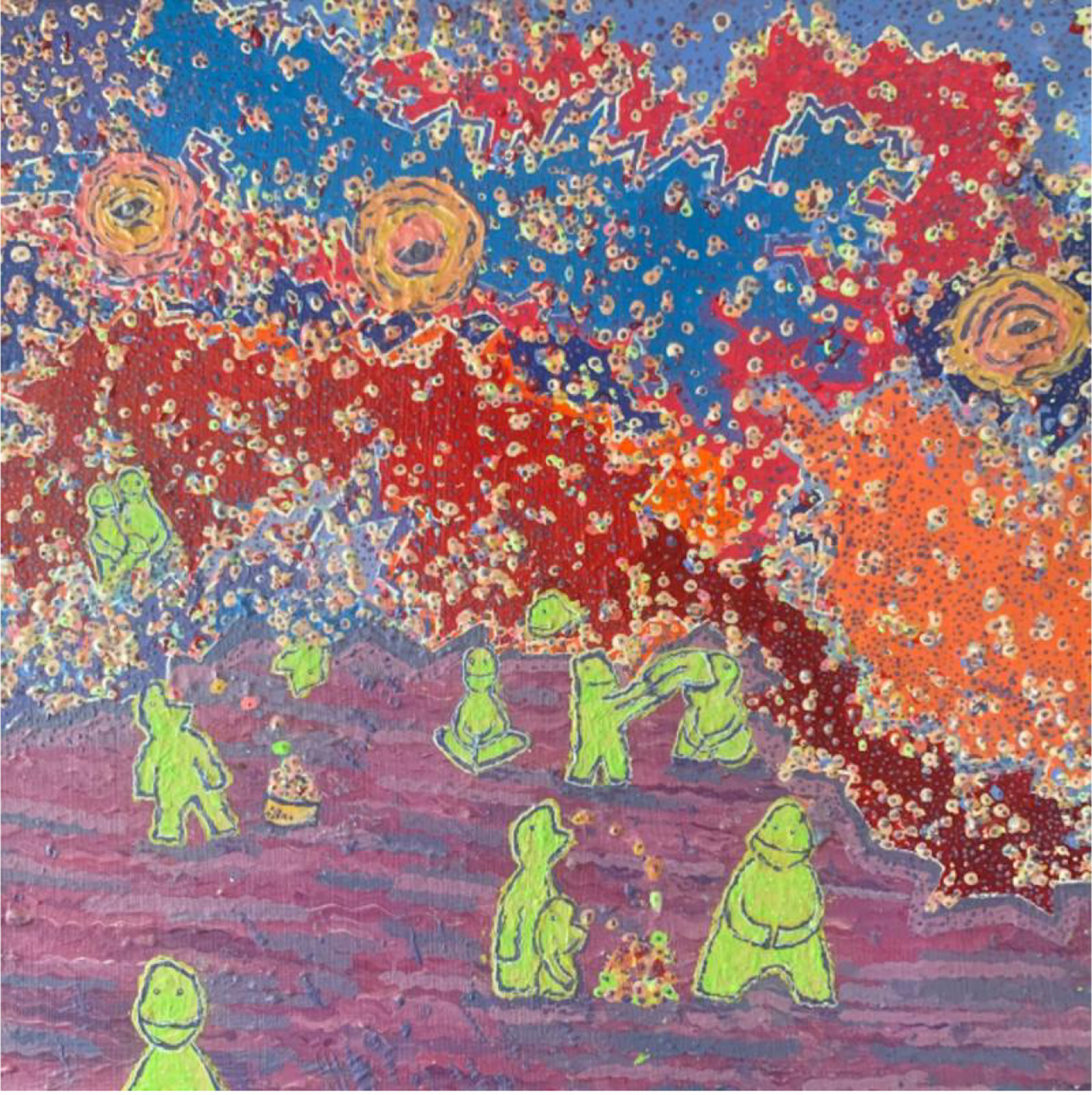 Painting of green creatures in an alien landscape with red, blue, and orange sky
