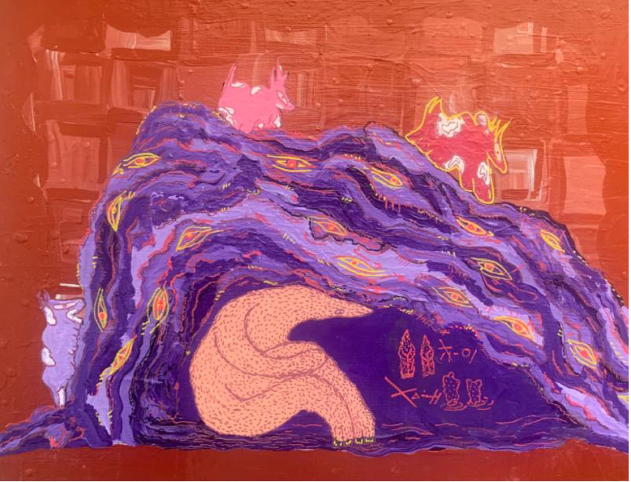 Painting of angular alien in peach and pink huddled under a pink shell against an orange background