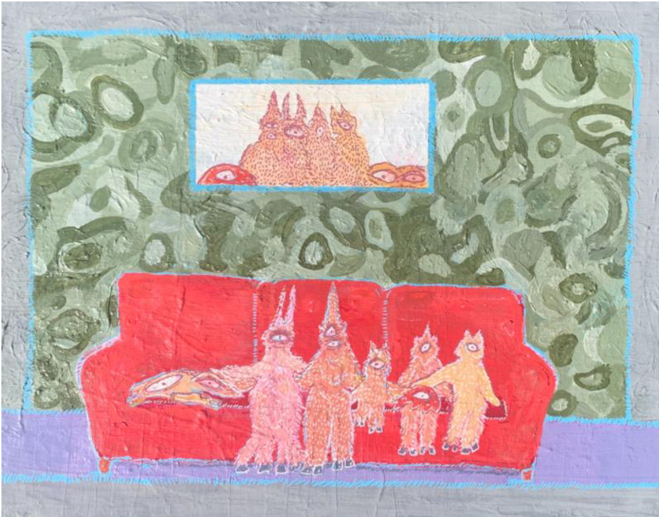 Painting of angular aliens in peach and pink sitting on a red couch against a green wall with a photo of the aliens at the top