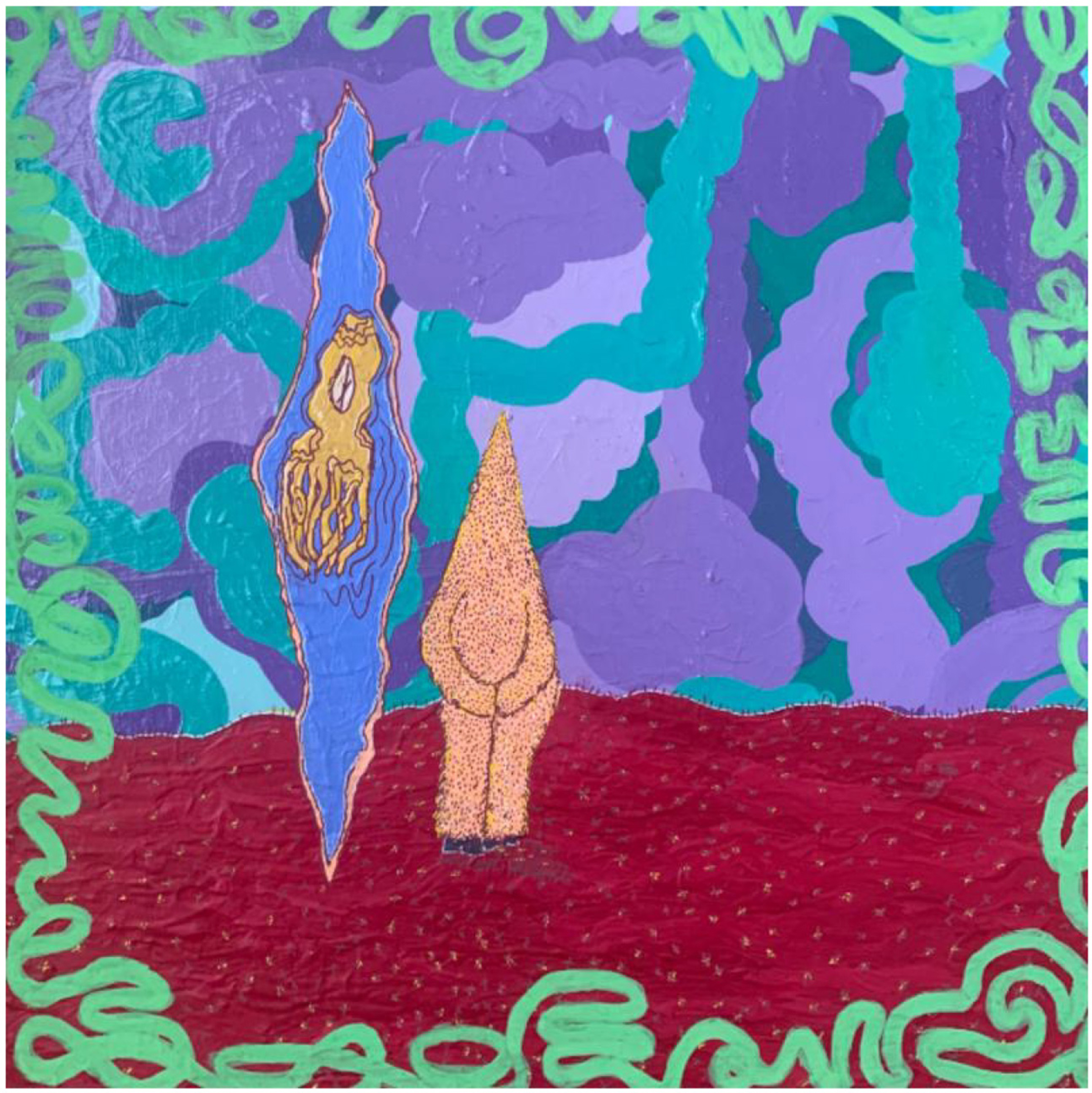 Painting of angular alien in peach and pink standing on a red ground looking at a green, purple and blue sky