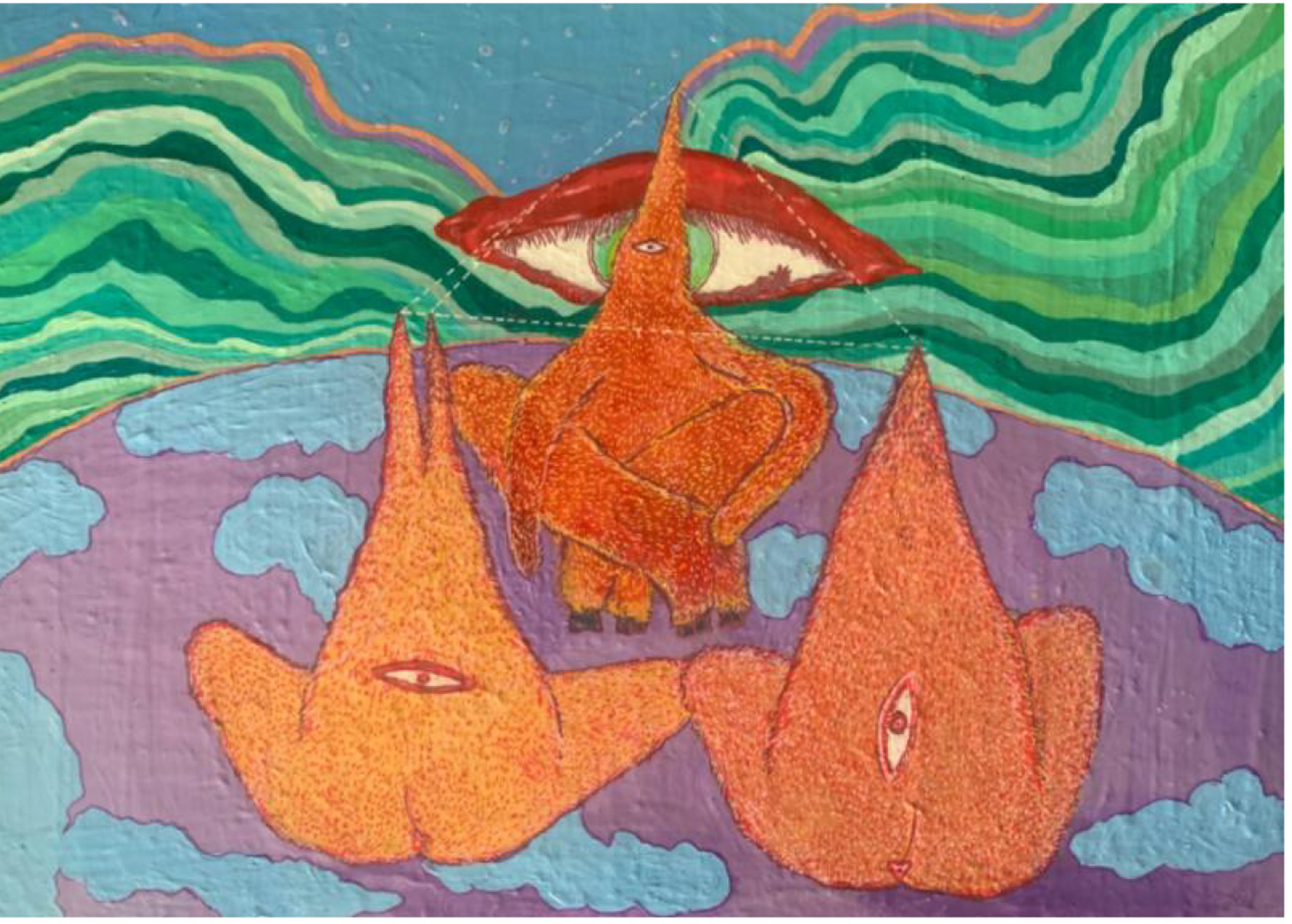 Painting of angular aliens in orange sitting on a blue and purple sphere with a green sky with a floating eye in the background