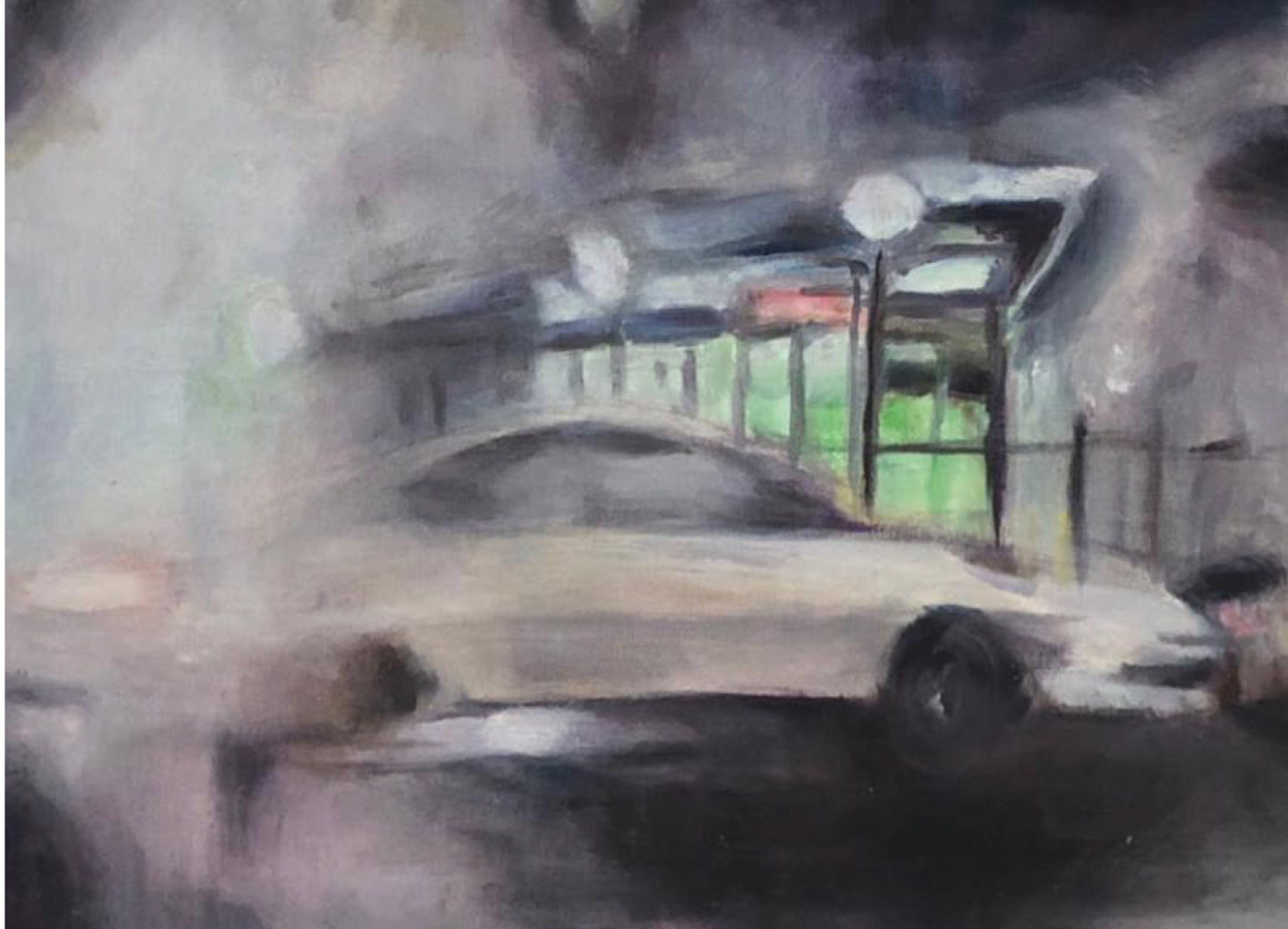 Abstract illustration of a car on a street with fog or exhaust at the left