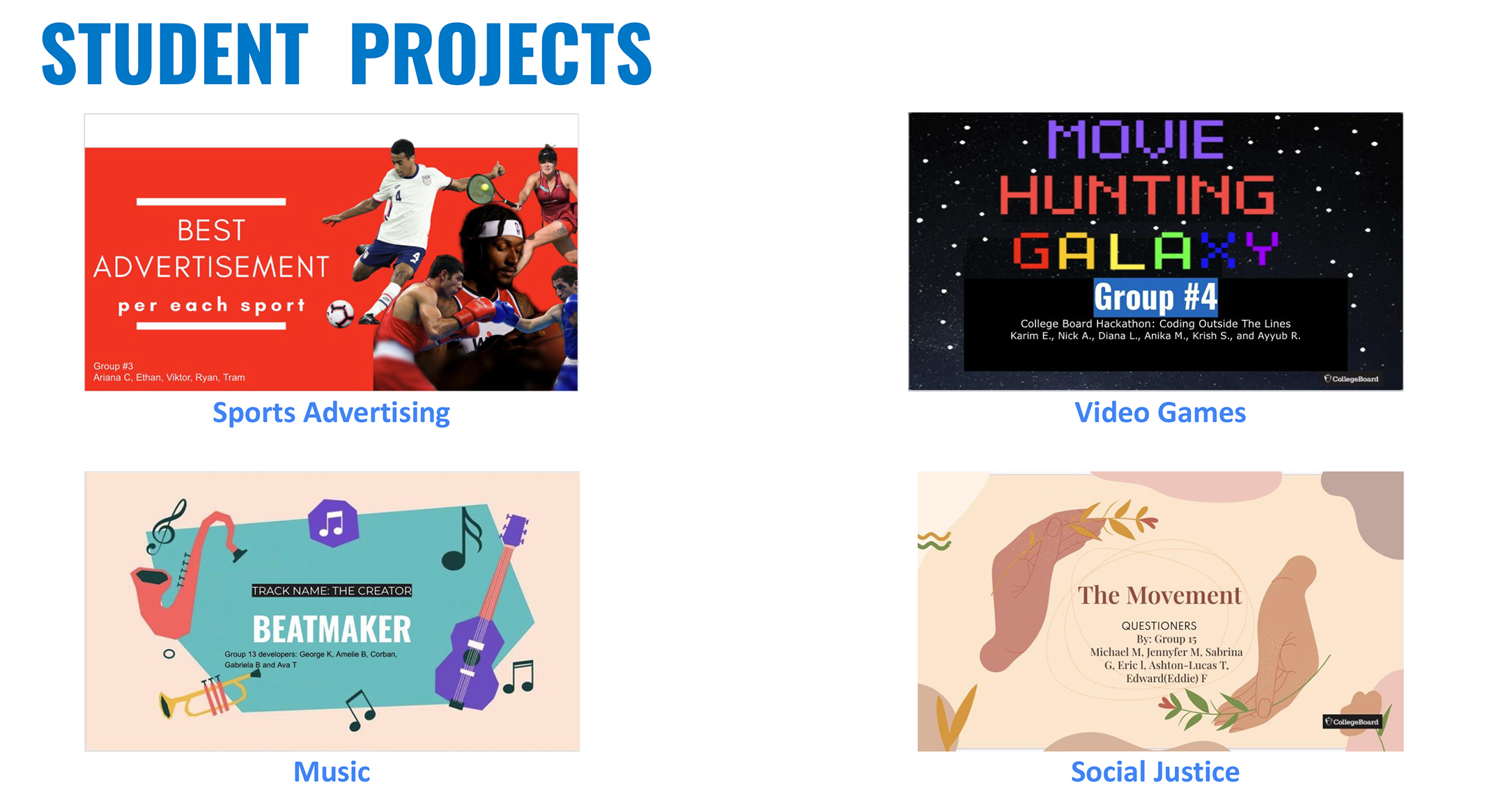 presentation screenshot showing a grid of four student projects, two by two