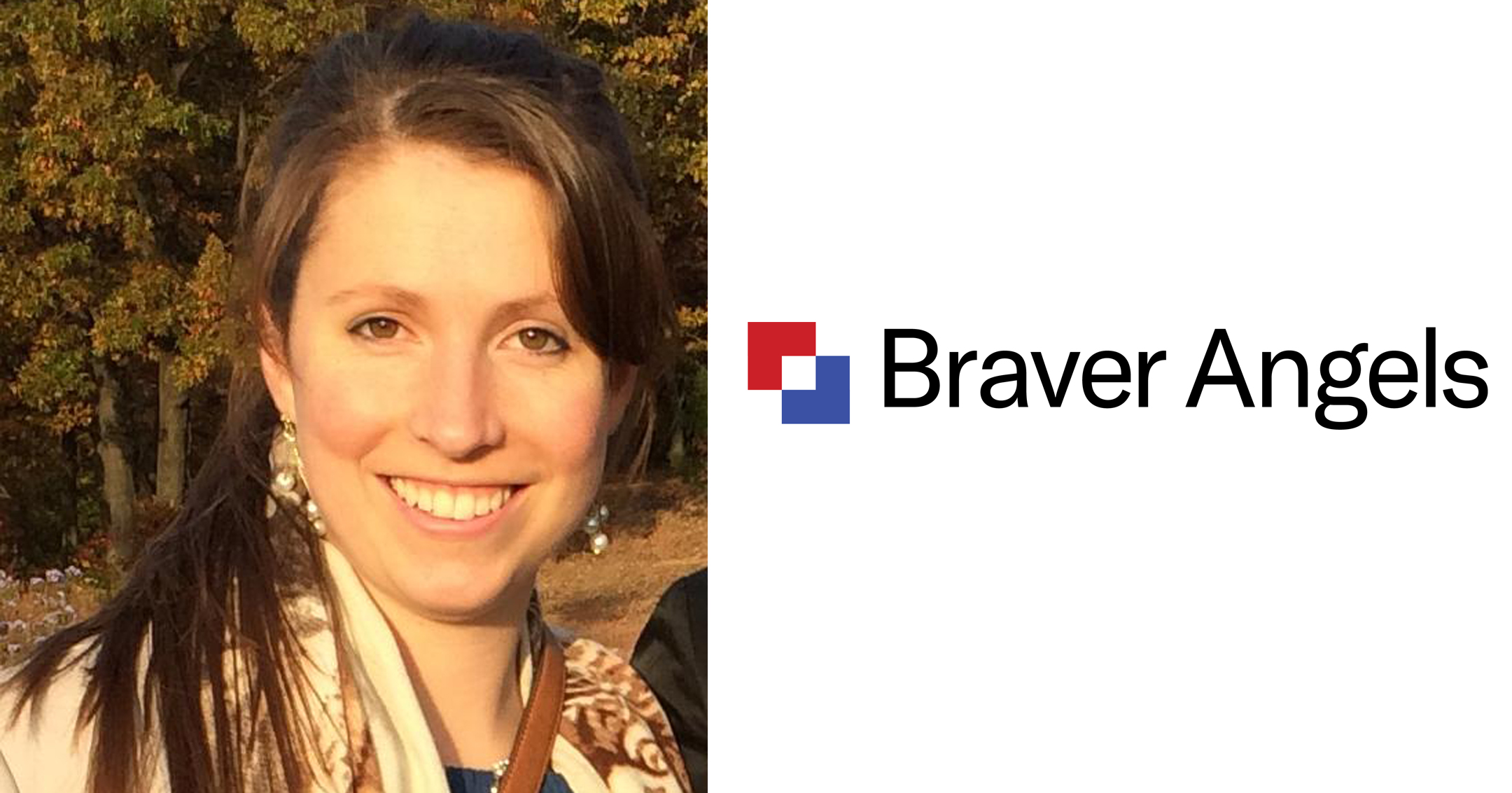Headshot photo of April Lawson Kornfield on the left, Braver Angels logo on the right