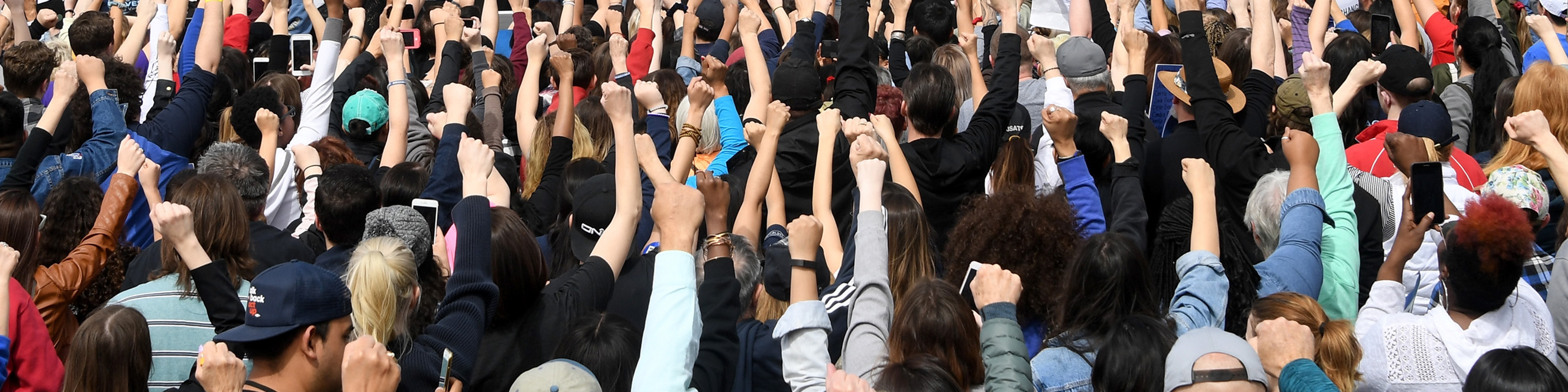 People raise their fists at a rally