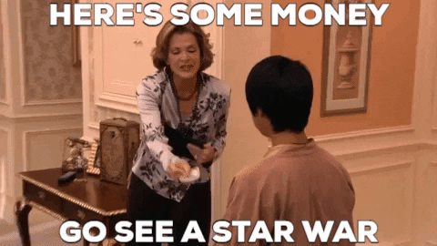 Animated gif of an old woman handing a boy money and telling him “here’s some money, go see a star war”