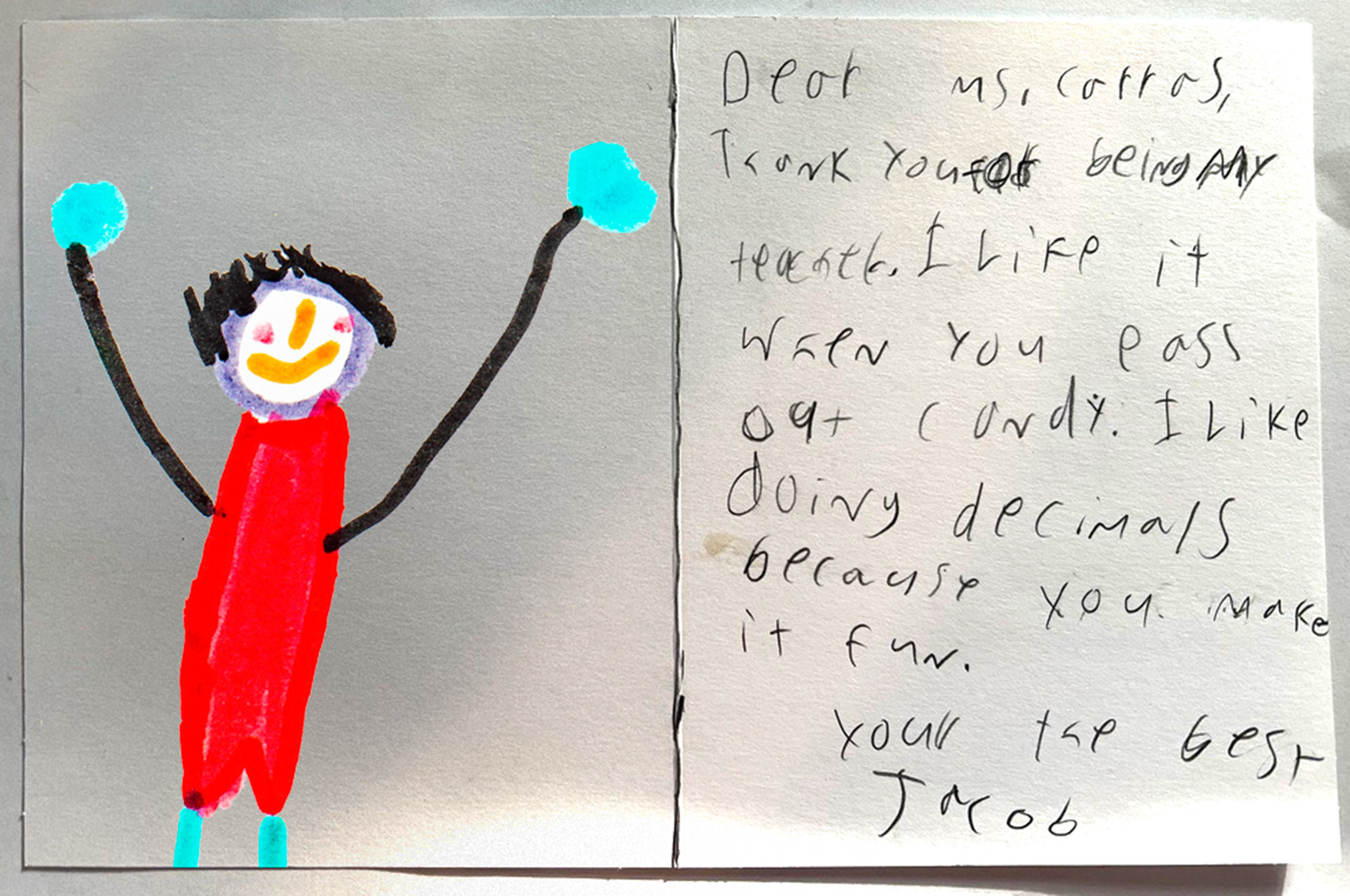 Child's drawing of a boy on the left, letter to a teacher on the right, the text of which is cited in the accompanying blurb that follows the image
