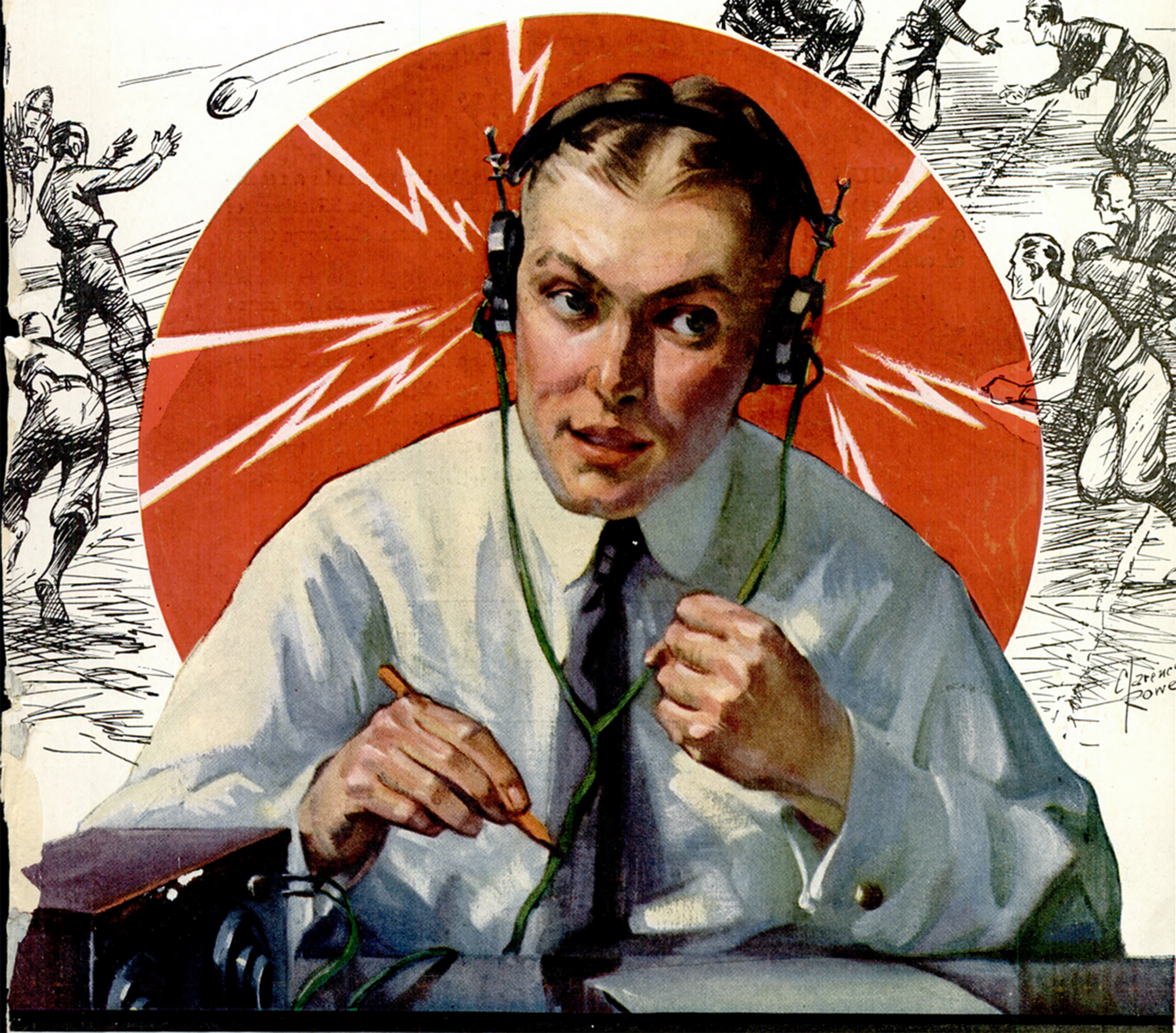 Illustration of a man wearing headphones and listening to a telegraph machine with sounds represented by lightning bolts in the background 