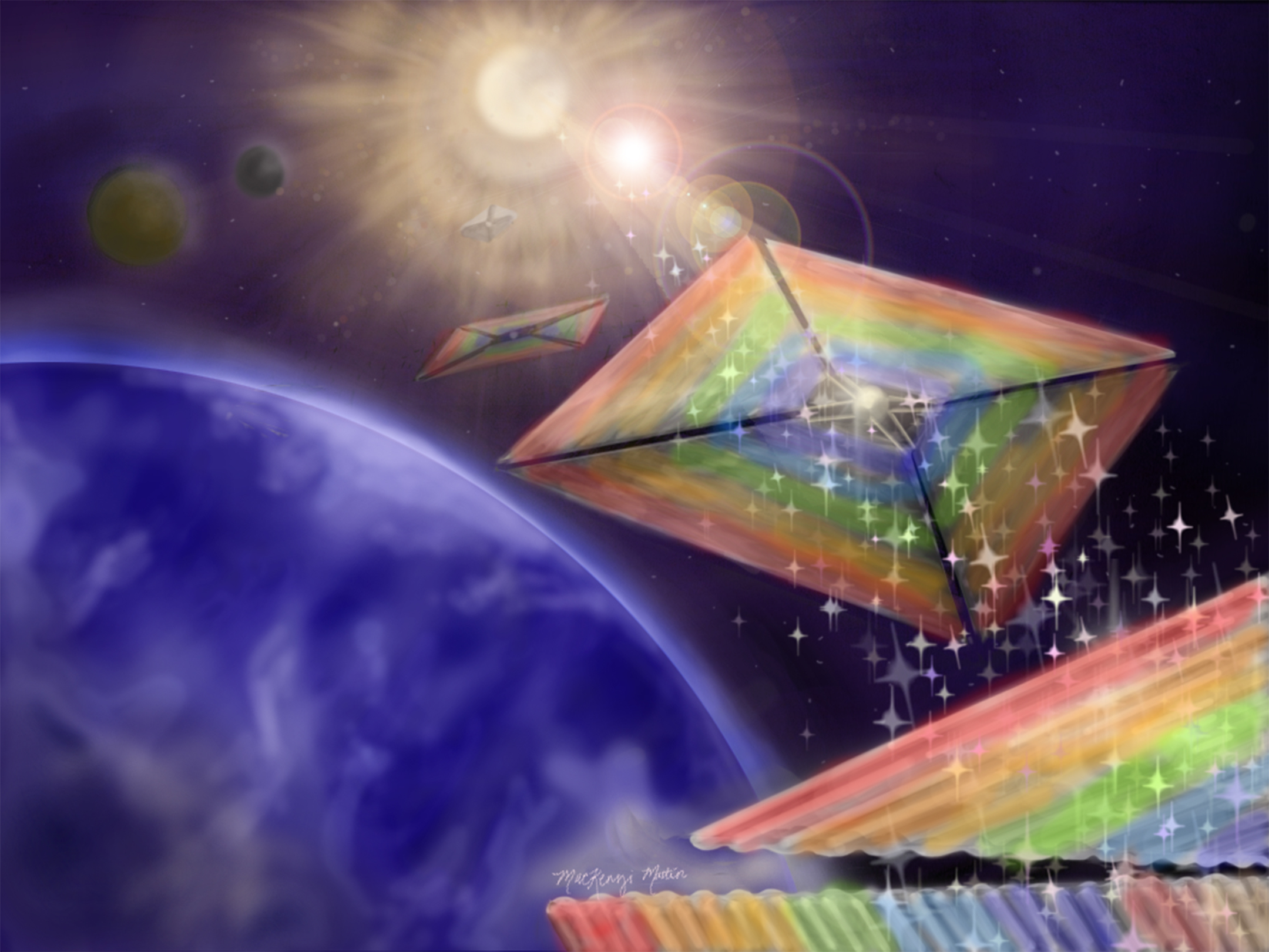 Illustration of three diamond-shaped sails with a rainbow of colors on them floating above the Earth