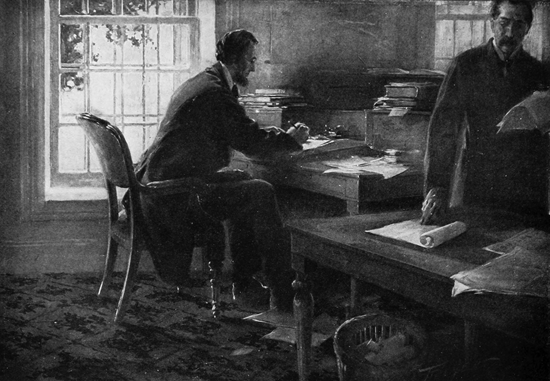 Black and white illustration of a seated man writing at a desk while another man stands at a nearby table