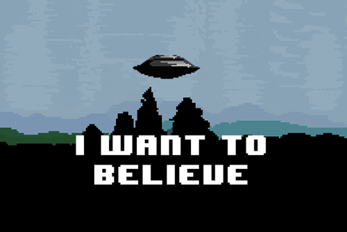 Animated gif of a silver UFO hovering over a green landscape with the words I Want to Believe under the UFO