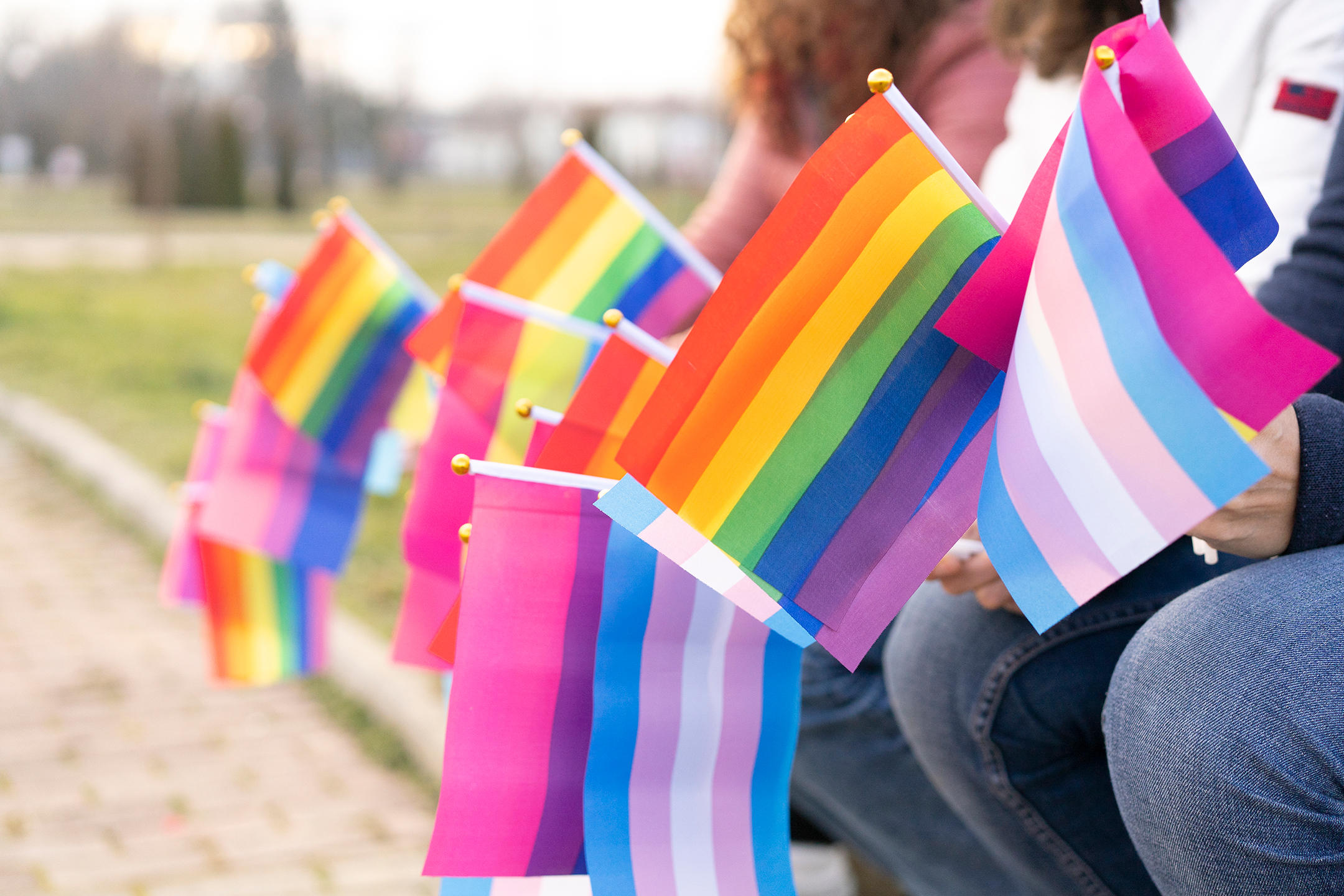 People sitting on a bench holding different flags for the protest defending the LGBTQ right