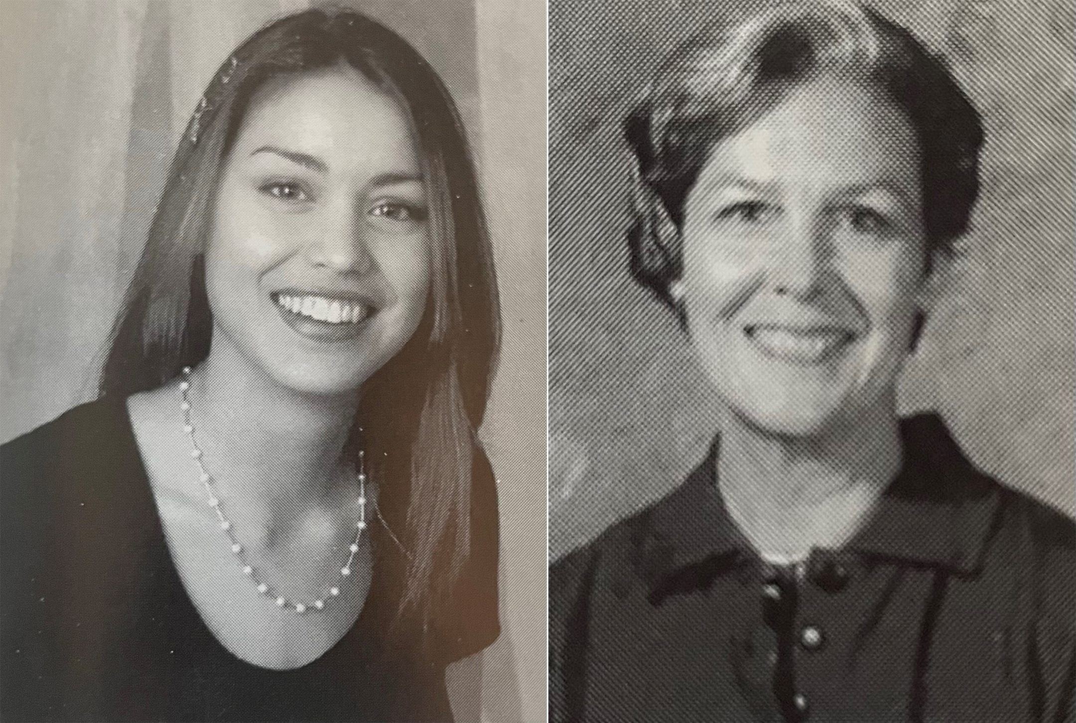 Two black and white photos, side by side, of a young woman student on the left and an older woman teacher on the right