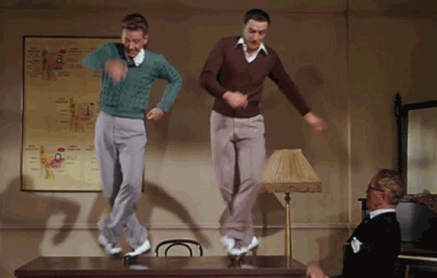 Animated gif of two men dancing on a table from the movie Singin' in the Rain