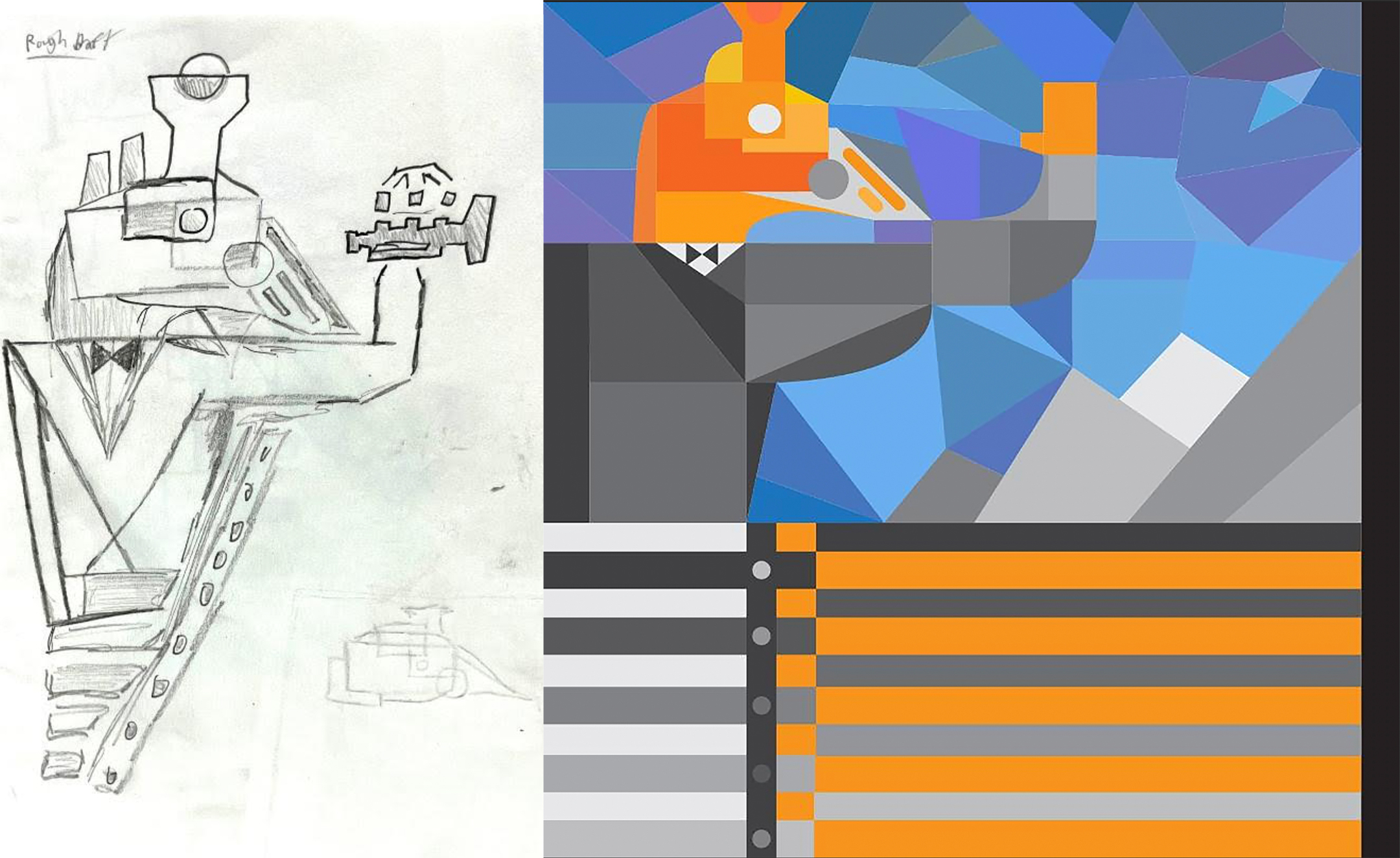 Black and white pencil sketch, on the left, and the final abstract illustration, on the right, of a form with an orange head and gray, suit-like body above a row of black and white and orange and gray lines