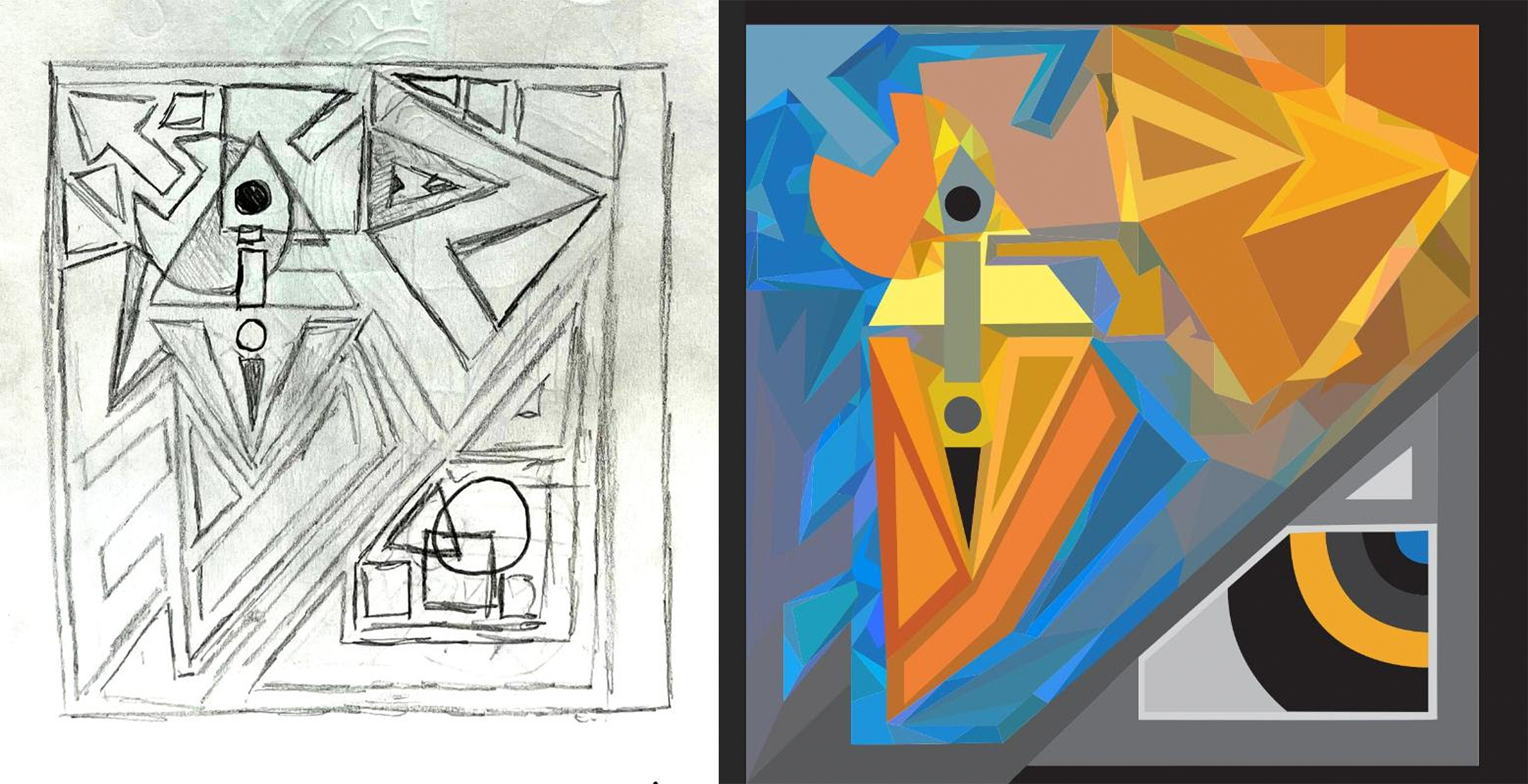 Black and white pencil sketch, on the left, and the final abstract illustration, on the right, in blues, grays, oranges, and yellows