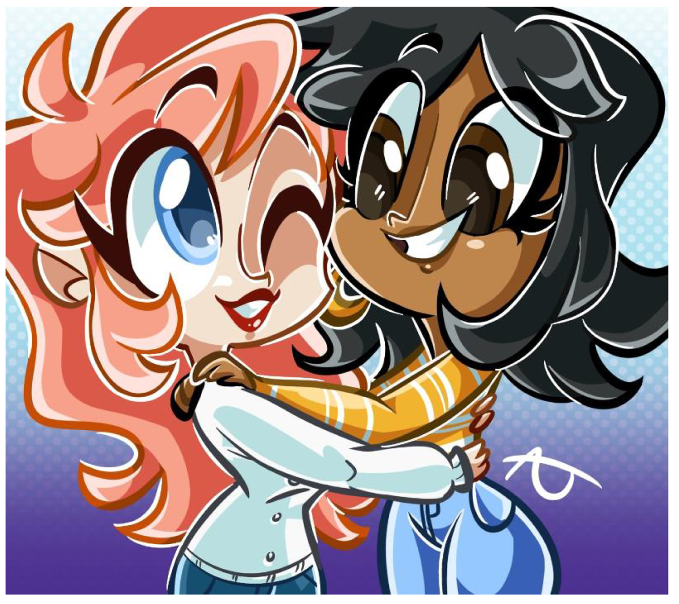 Cartoony illustration of a young black woman and young white woman smiling as they embrace