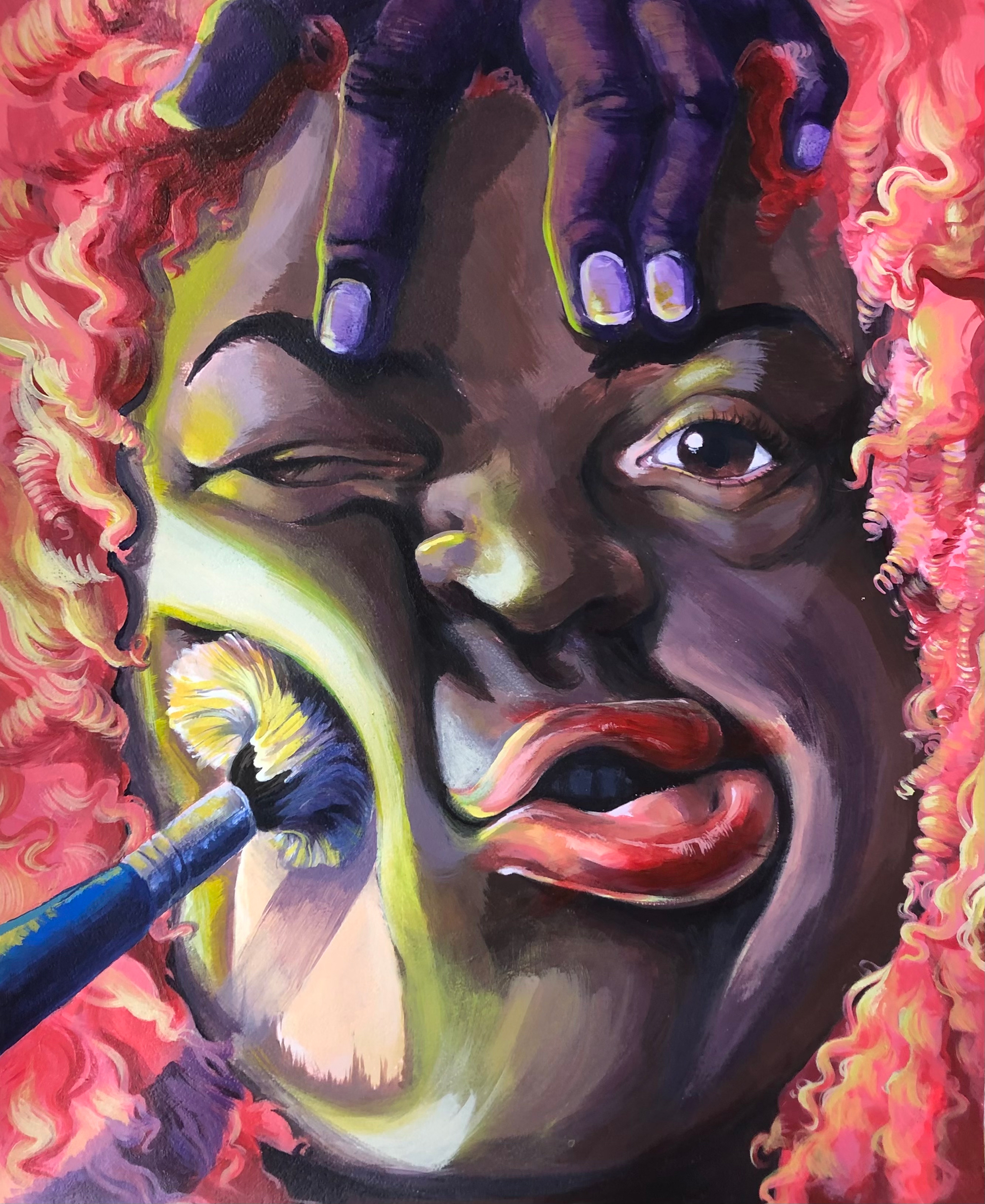 Illustration of a young black woman's face being manipulated by a hand holding her head and a makeup brush on her cheek
