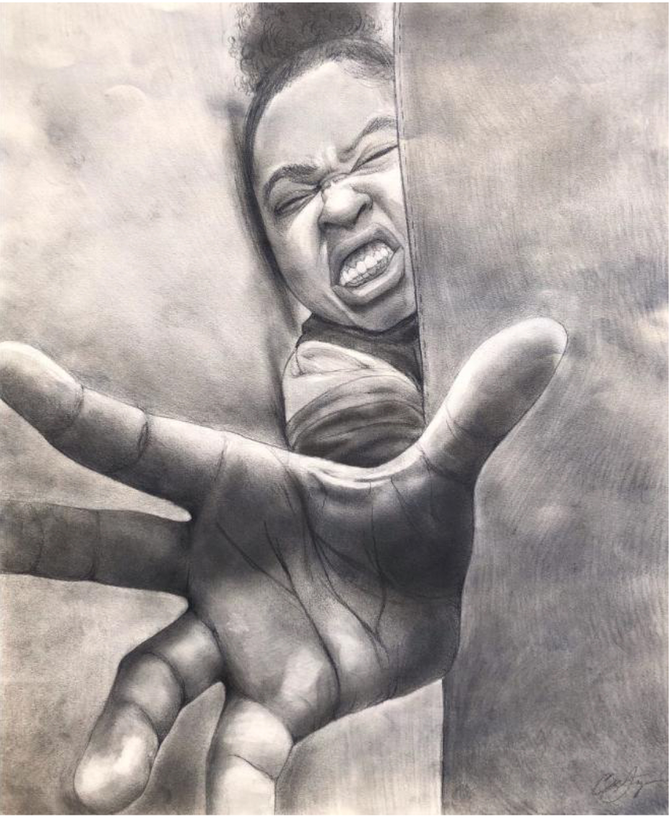Illustration of a young black woman reaching out as she tries squeezing between two objects