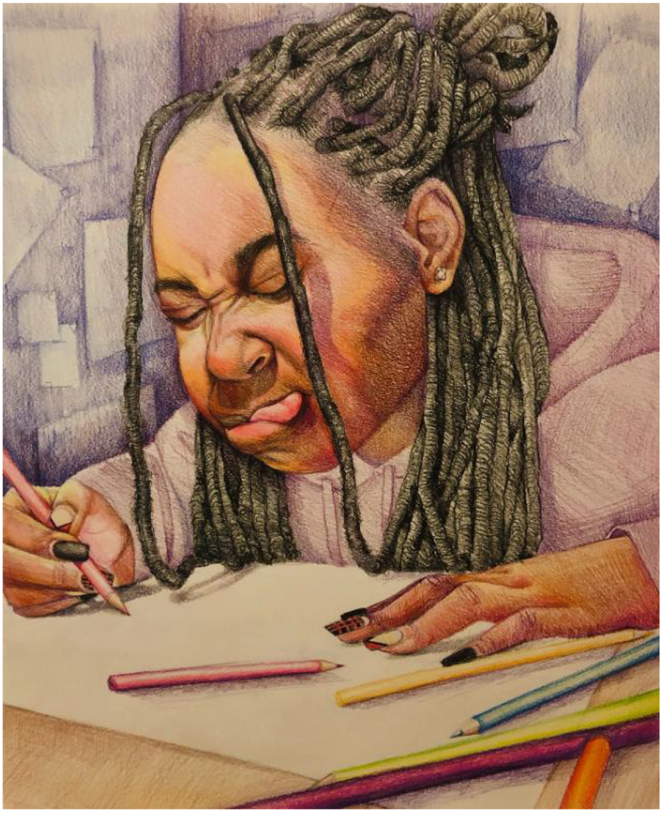 Illustration of a young black woman scrunching up her face as she takes a test at a desk