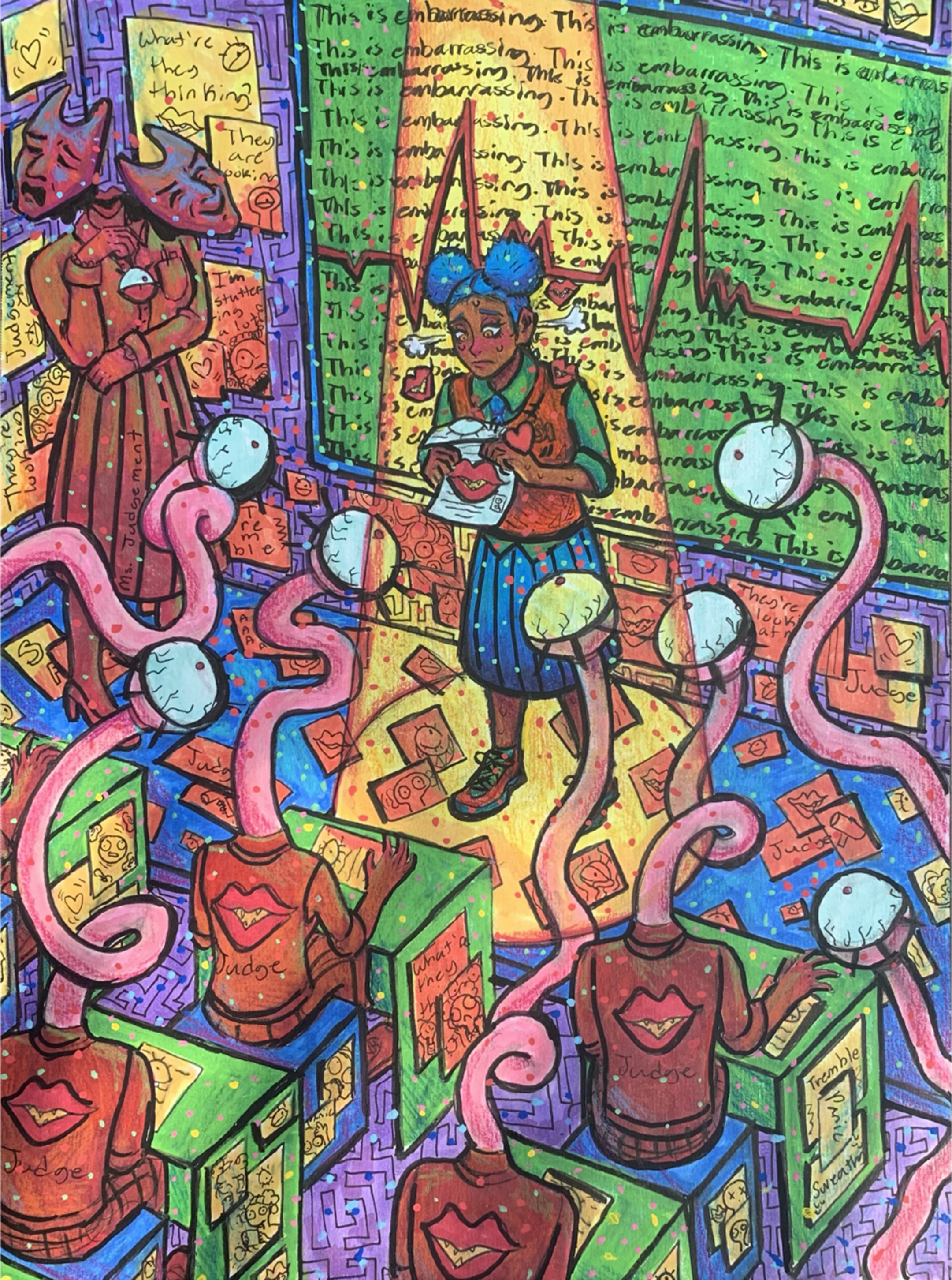 Cartoony, busy illustration depicting a young woman standing meekly at the front of a classroom where all the other students are humanoids with long, tentacle like heads topped by a giant eyeball