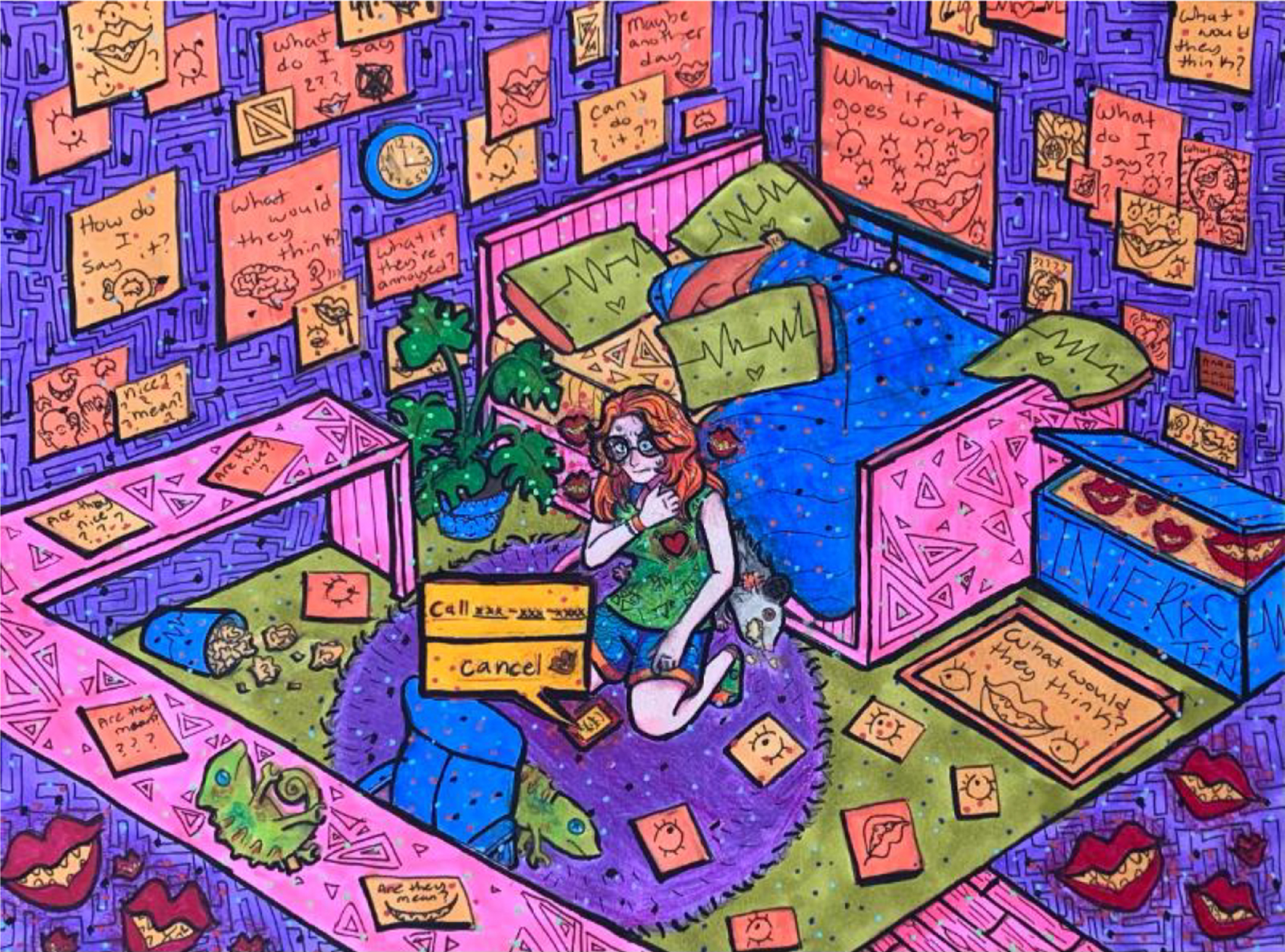 Cartoony, busy illustration depicting a young woman kneeling on the floor of a room with walls covered in questions and aphorisms