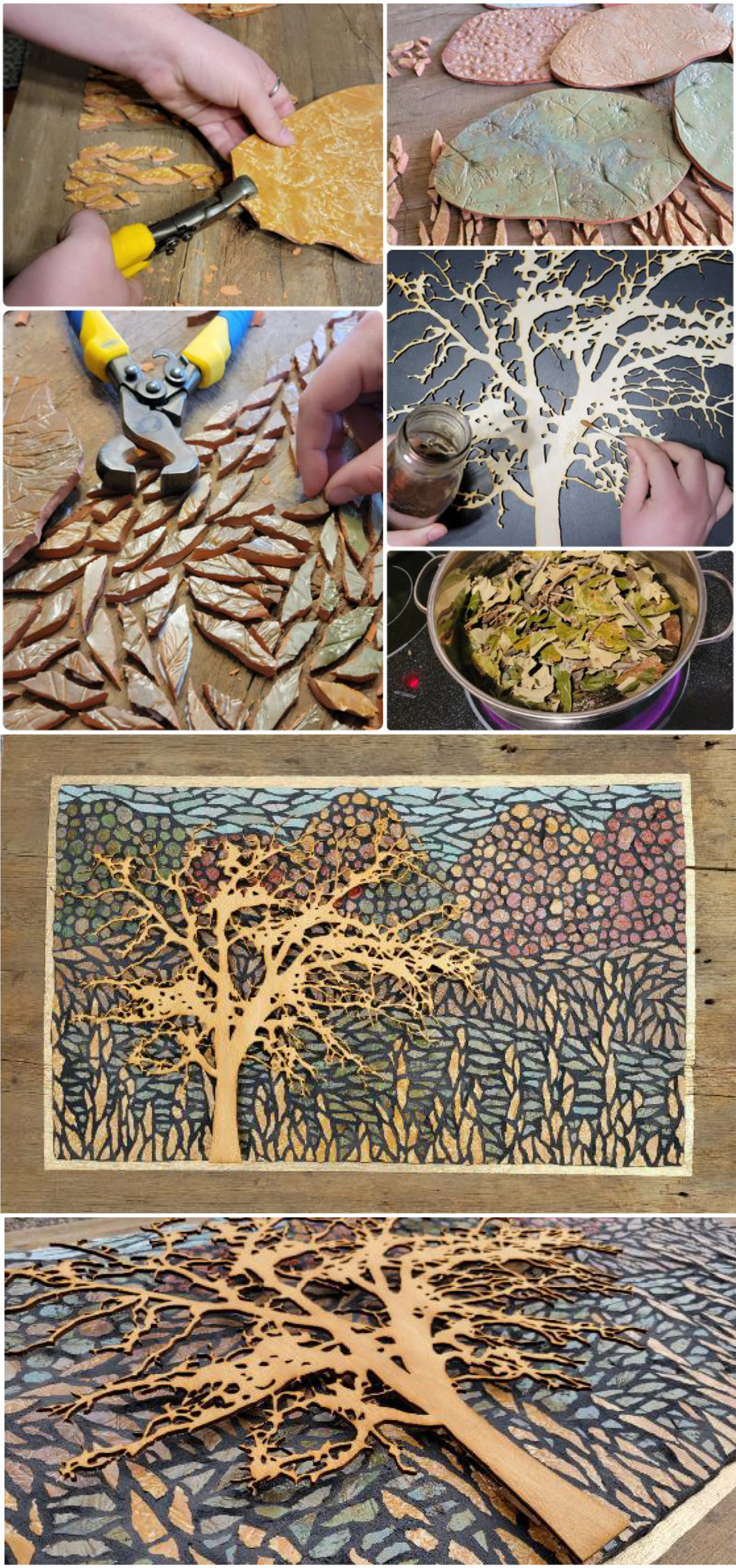 Array of seven images showing the process of making a raised tree illustration using bits and cuts from other objects for the background 