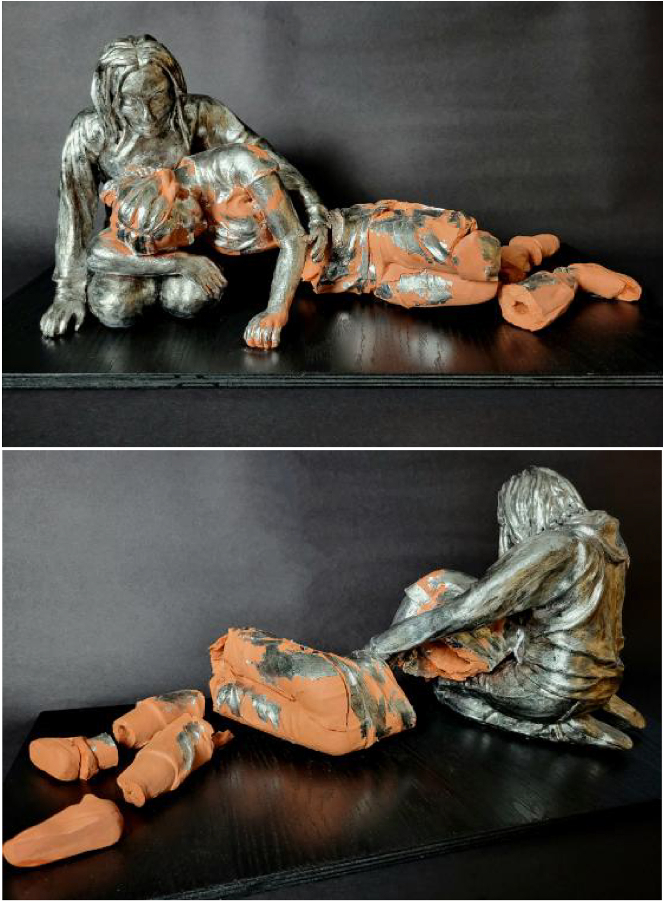 Two stacked images showing the front and rear view of a statue, in silver paint and clay brown of a person comforting a woman laying down, with her body shattered into segments
