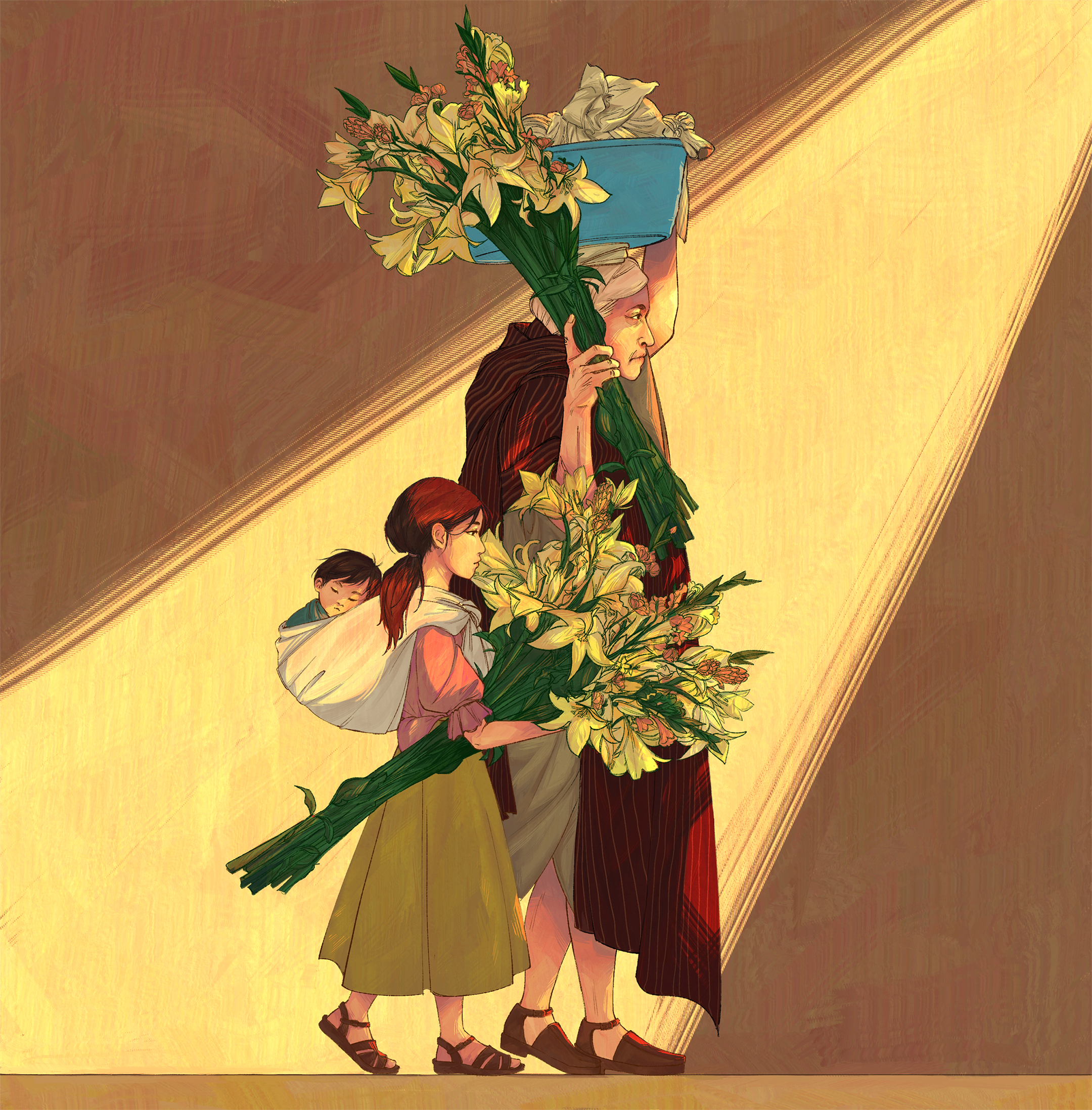 Illustration of an old woman carrying flowers in her hand and a basin of wash on her had, accompanied by a young woman carrying flowers and, on her back, a baby
