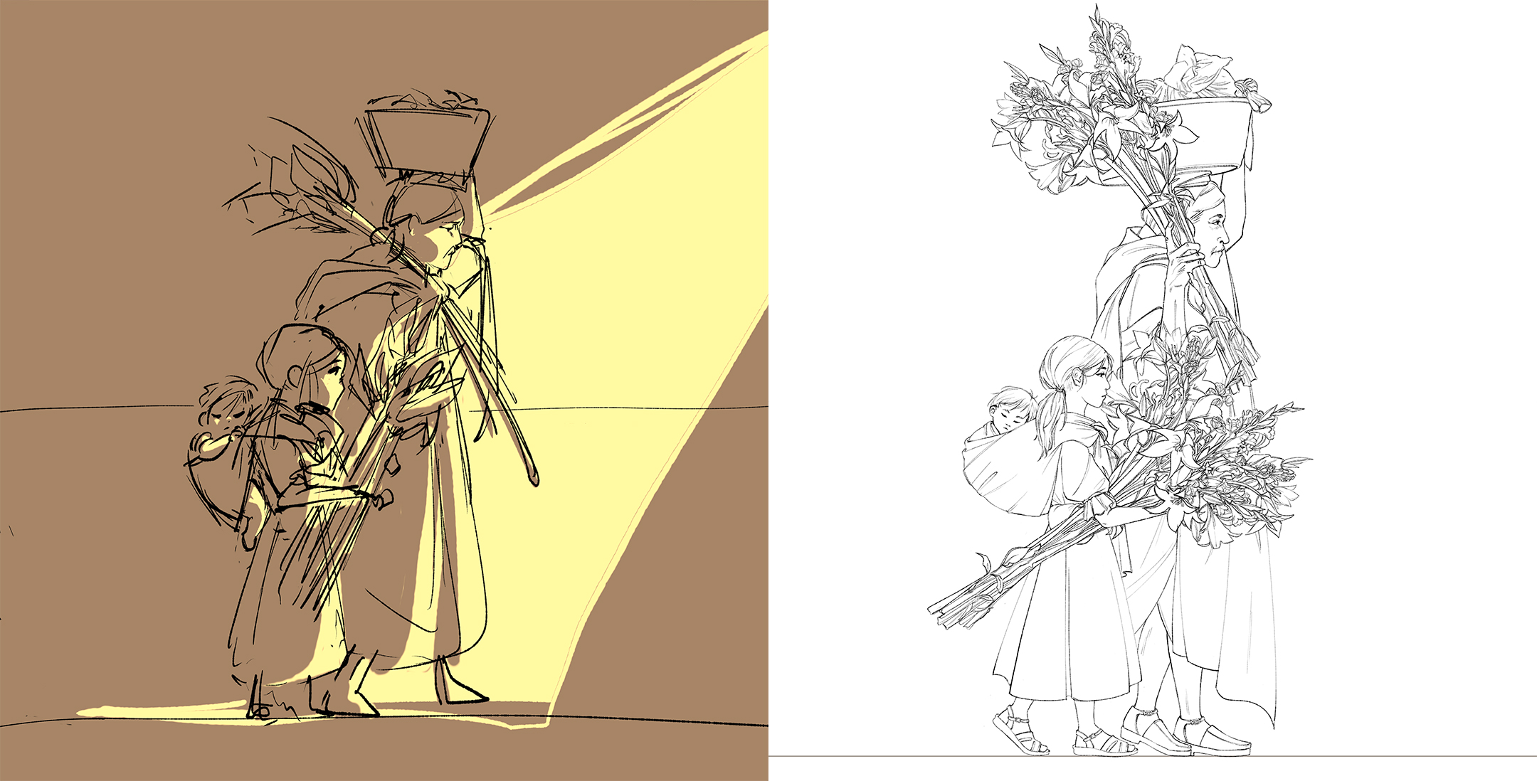 Two side-by-side process images of the old woman illustration, the one on the left in brown and yellow and the one on the right in black and white