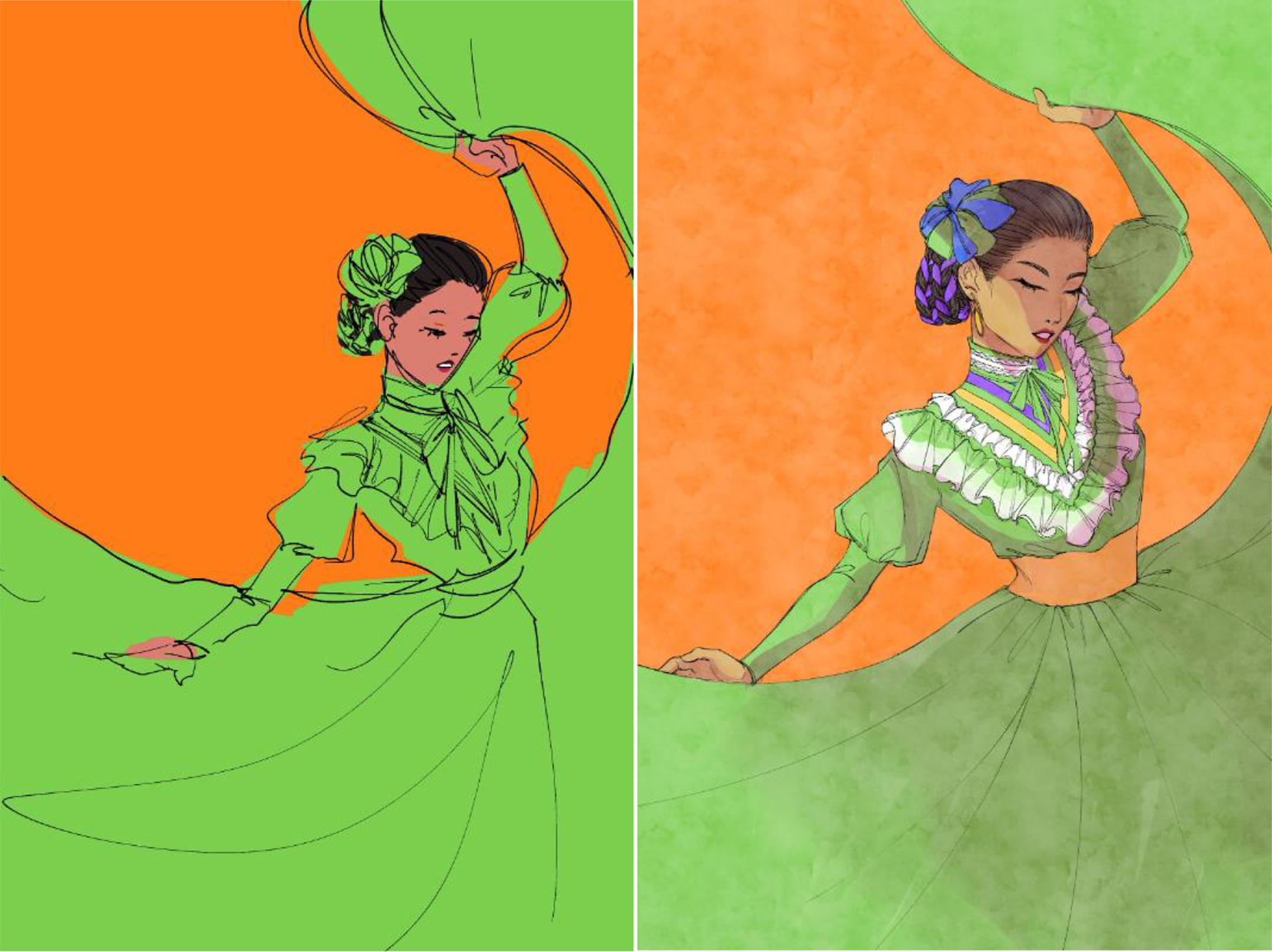 Two images, side by side, of the same illustration of a woman in a green dress dancing against an orange background, the one on the left is a rough draft and the one on the right is final