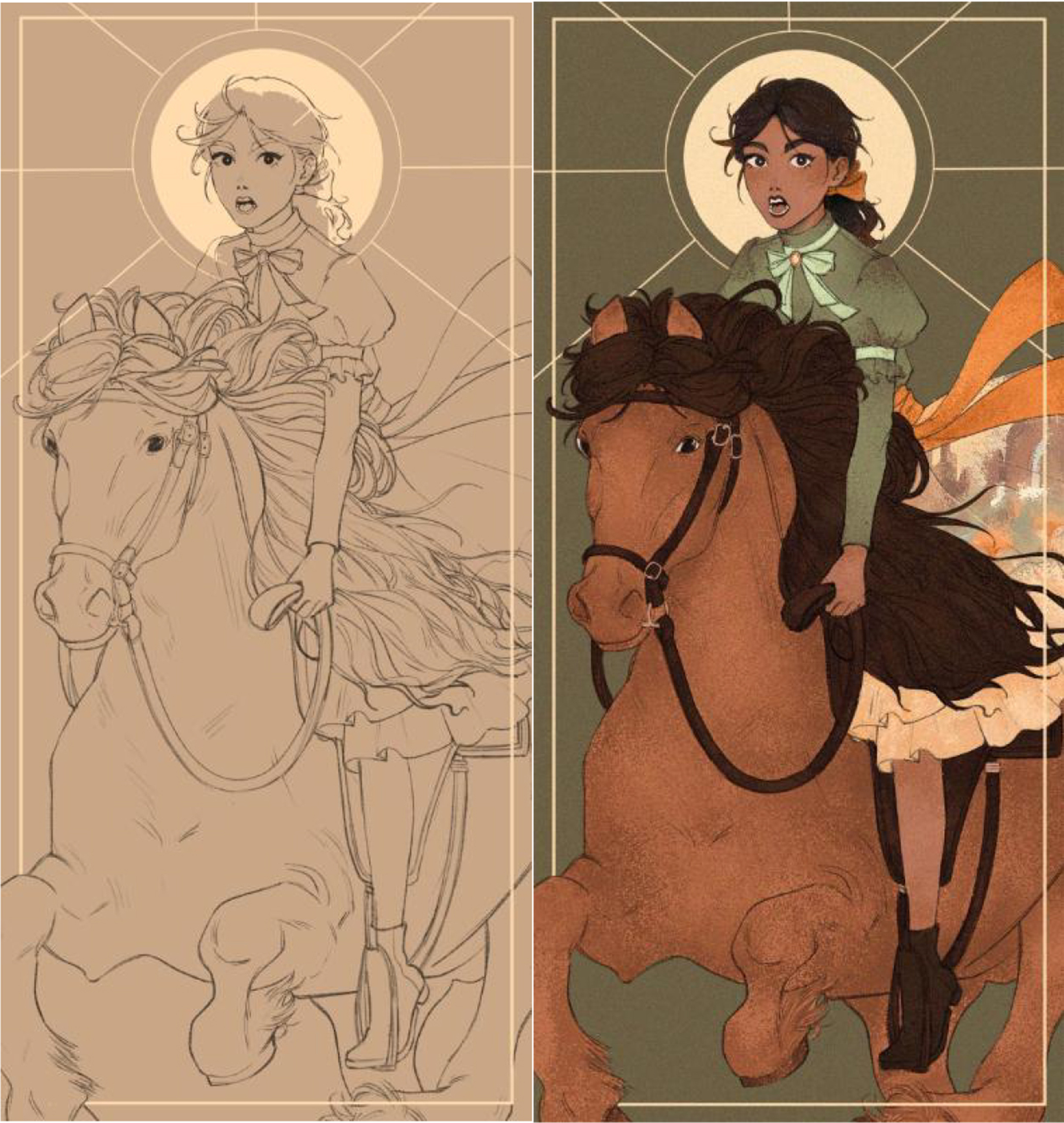 Two images, side by side, of the same illustration of a young woman on horseback, the one on the left a black and white sketch and the one on the right is final