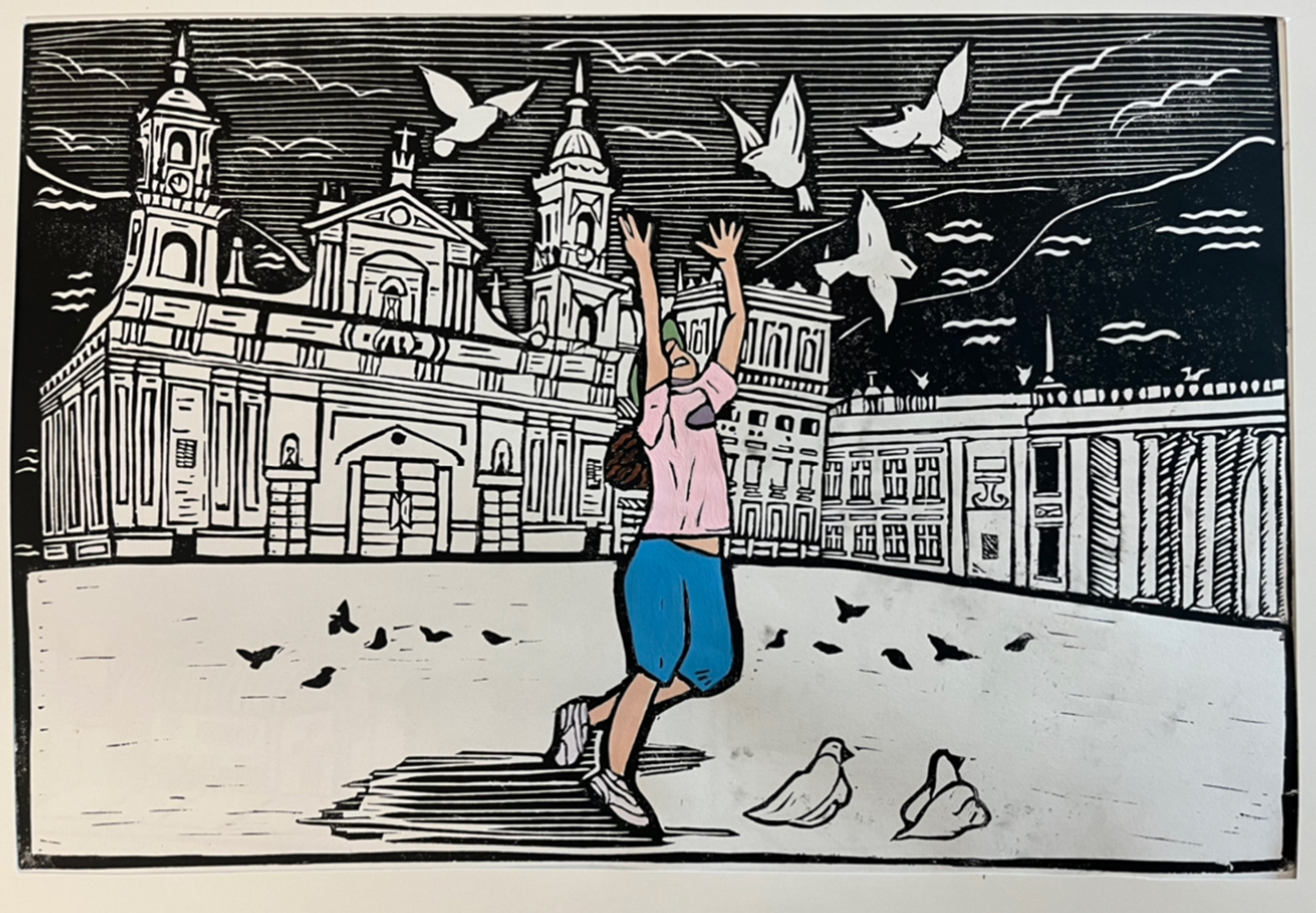 Black and white wood block print of a plaza with a palace in background and a young woman in a pink shirt and blue skirt reaching for white birds in the foreground
