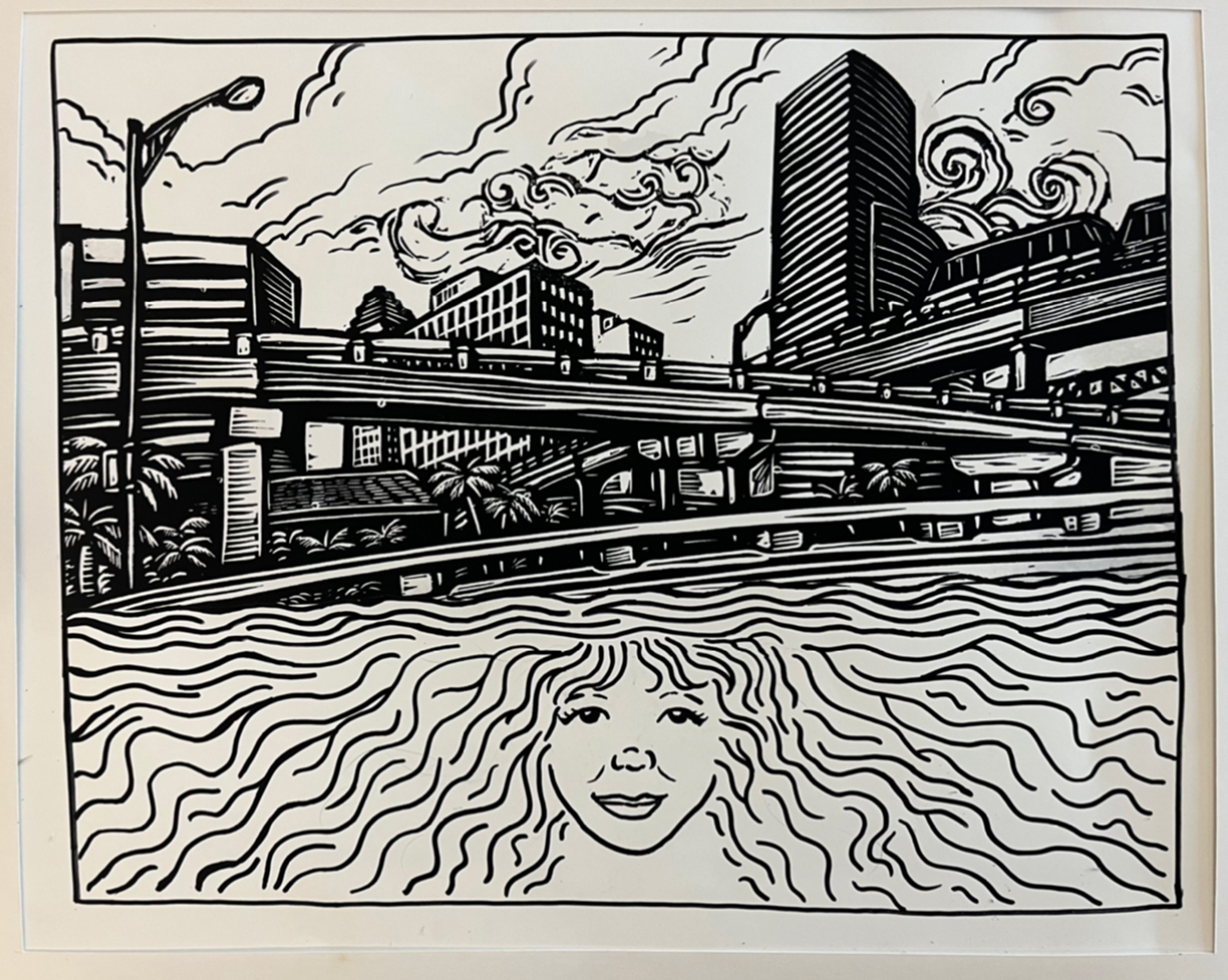 Black and white wood block print of a highway at the top and a woman's face with flowing hair at the bottom