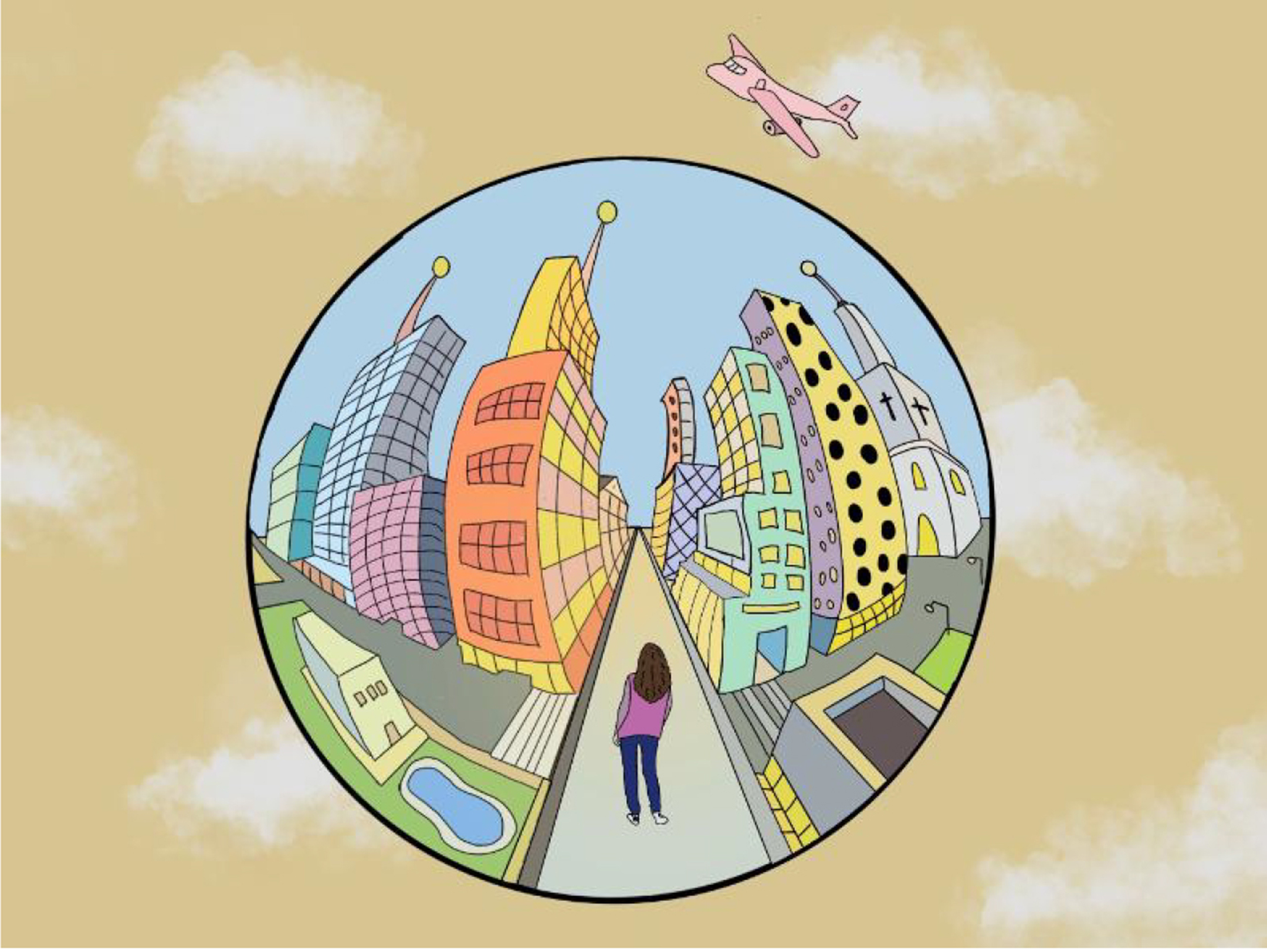 Color illustration of a fish-eye view of a woman walking down a street of colorful skyscrapers