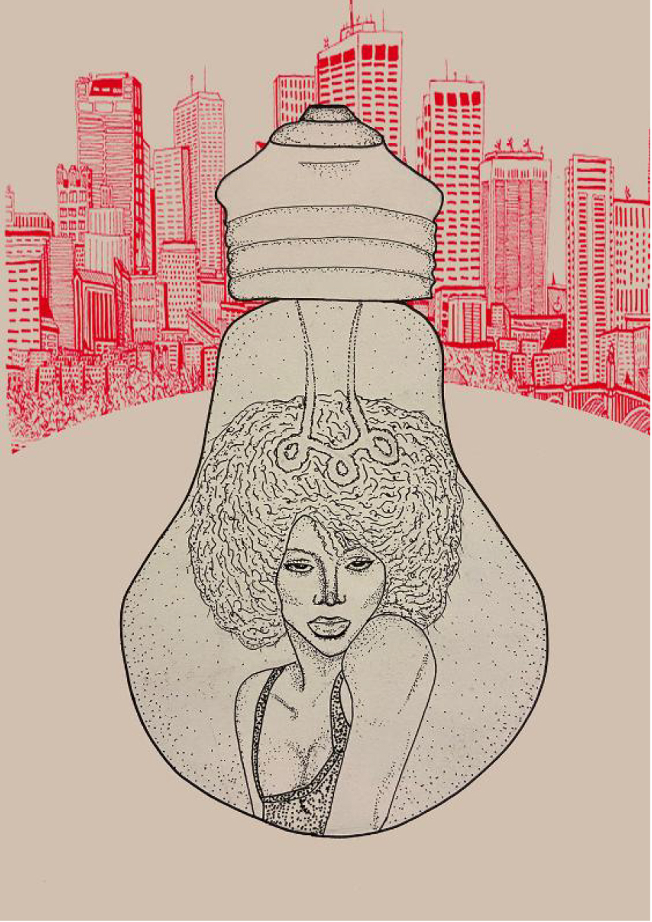 Black and white illustration of a woman in a light bulb with a red city skyline in the background