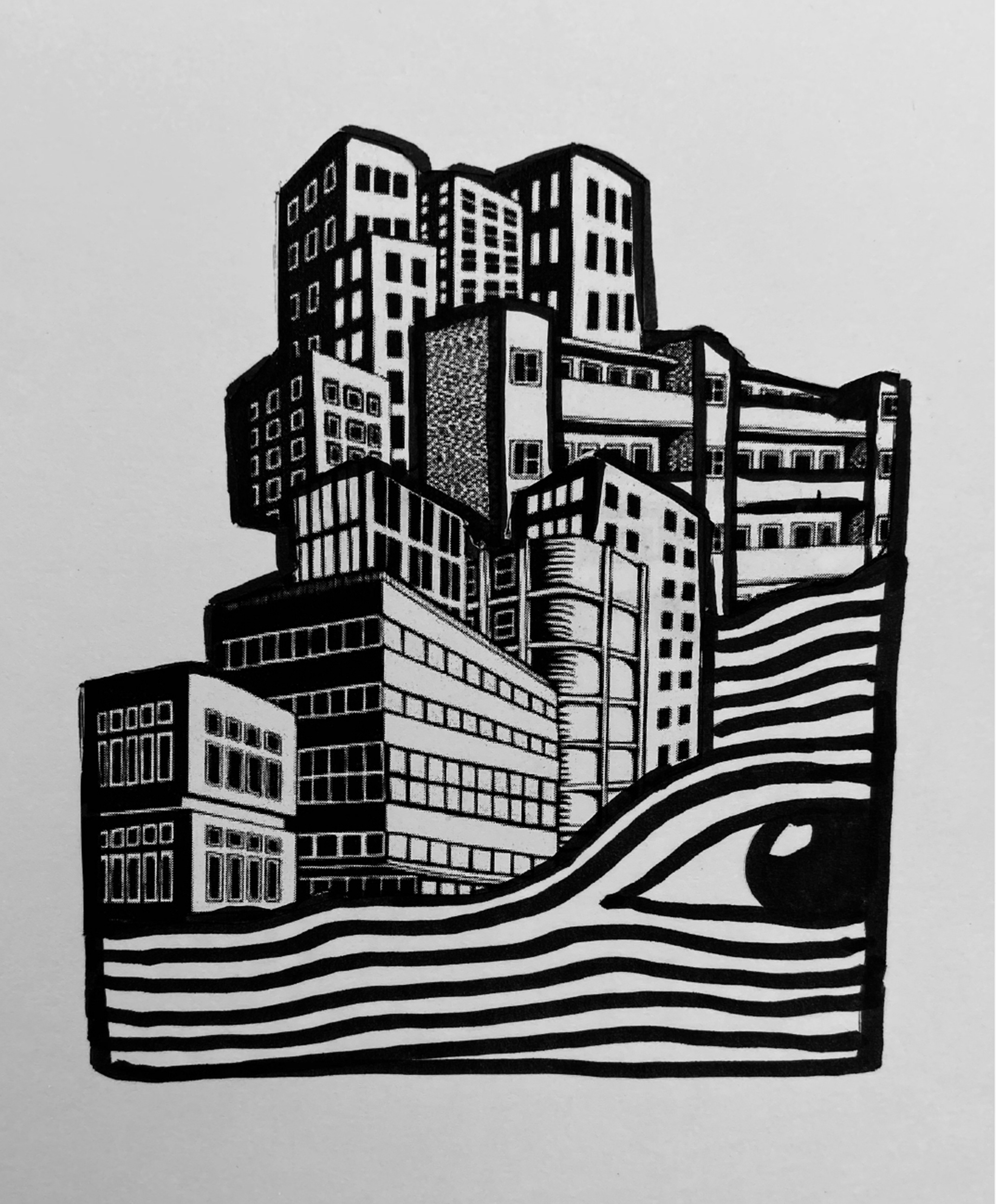 Black and white wood block print of a city scene with an eye at the bottom