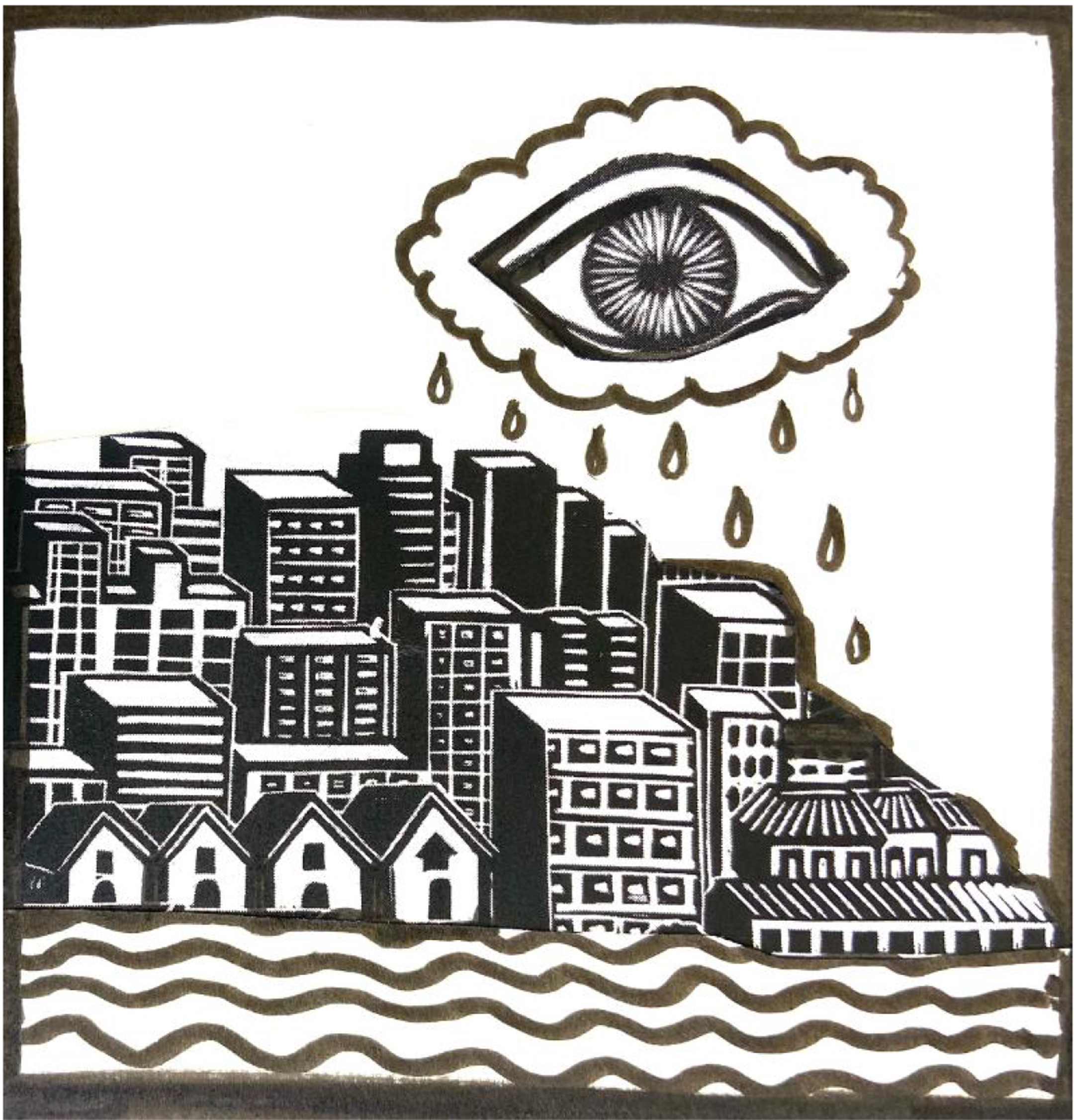 Black and white wood block print of a city with an eye in a rain cloud above it